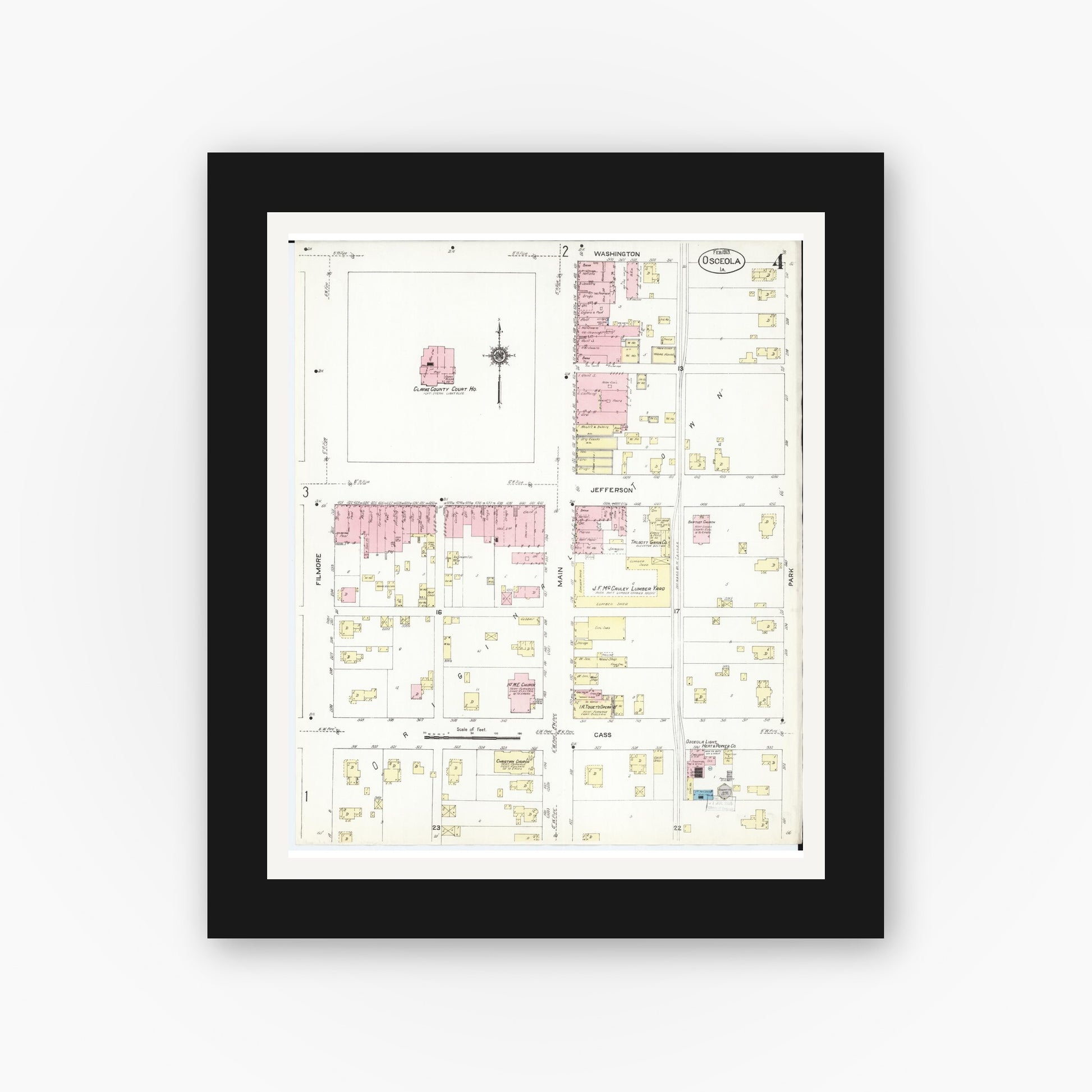 Old map wall art mockup — black gallery frame with white mat — Sanborn Fire Insurance Map from Osceola, Clarke County, Iowa (1913), Sheet #0004
