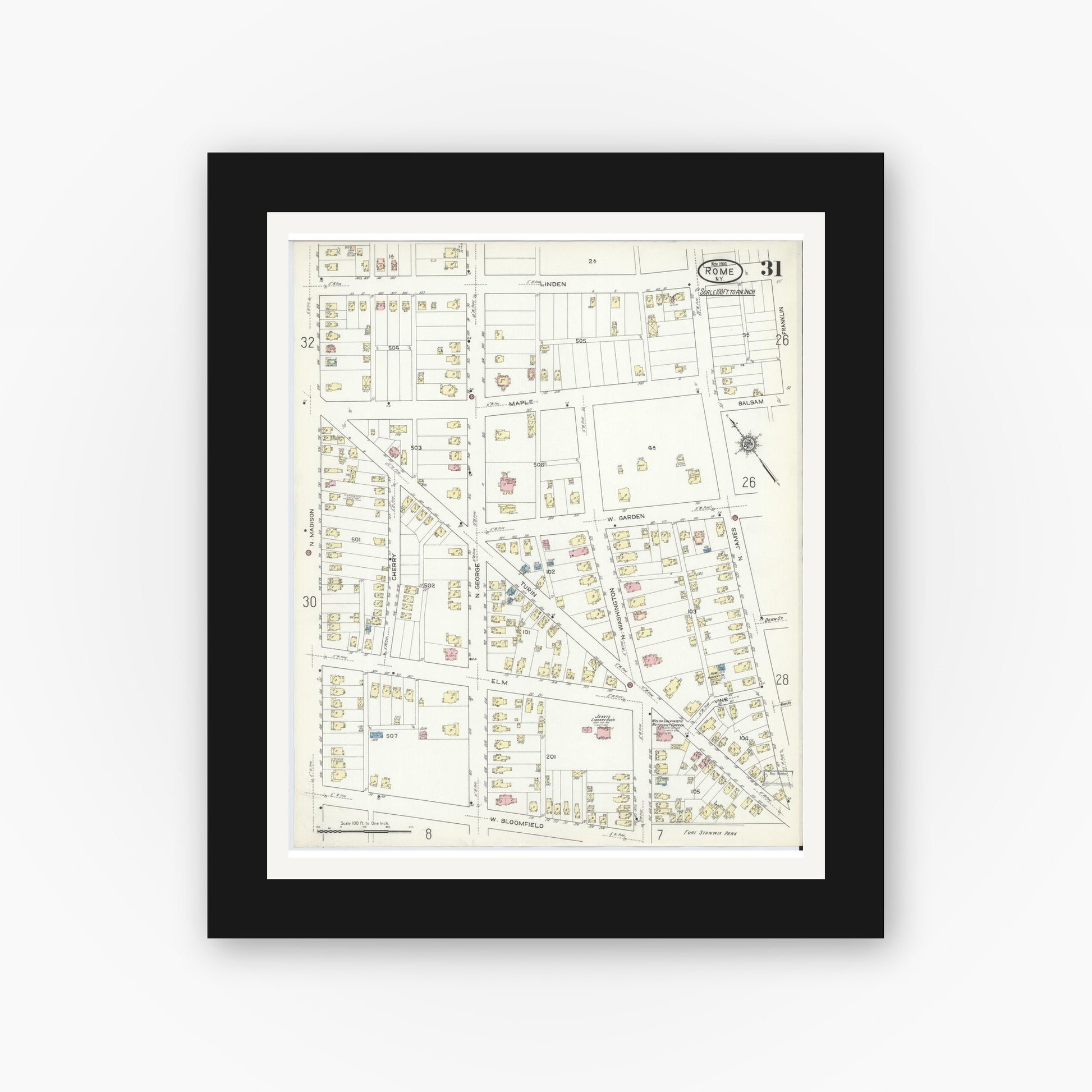 Old map wall art mockup — black gallery frame with white mat — Sanborn Fire Insurance Map from Rome, Oneida County, New York (1914), Sheet #0031