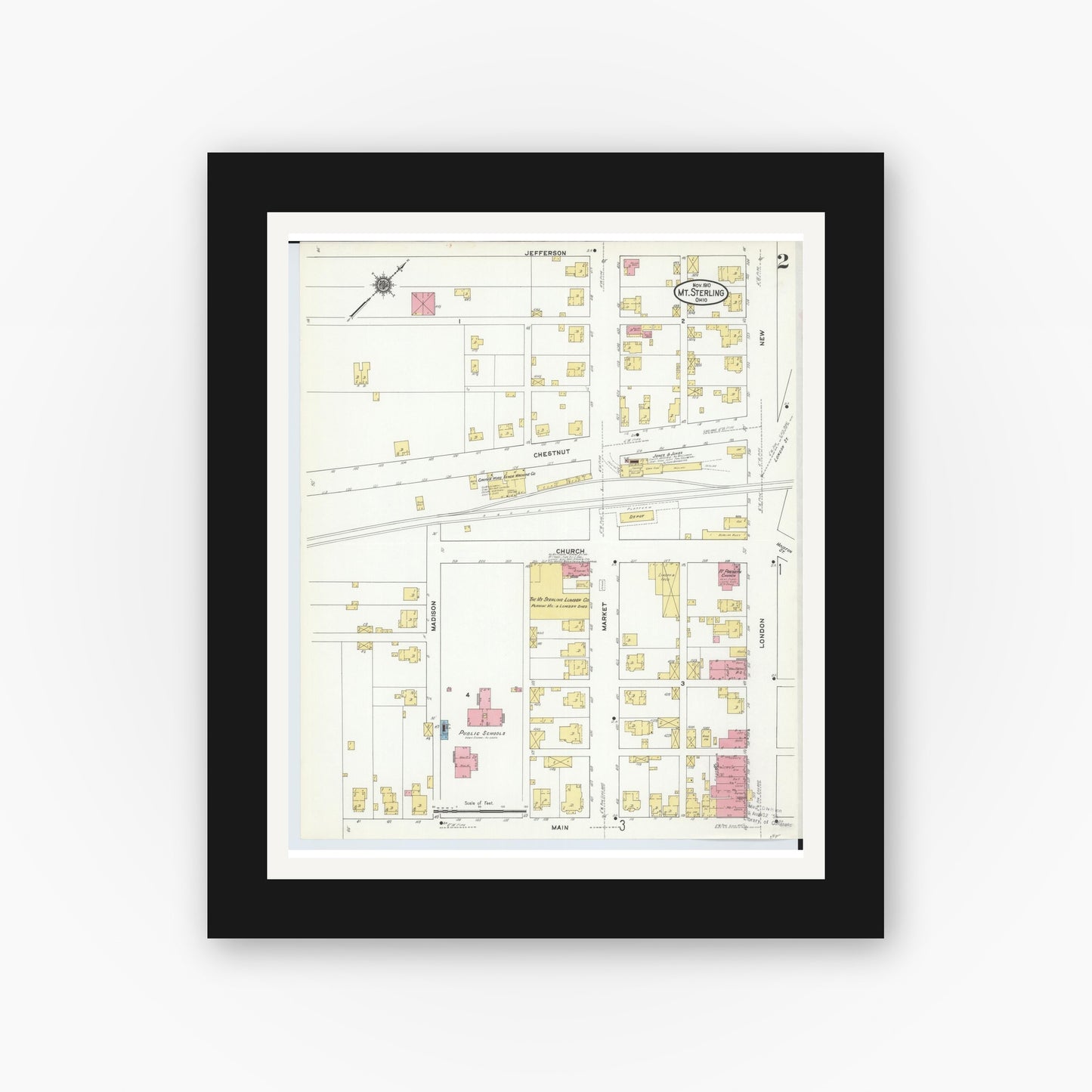 Old map wall art mockup — black gallery frame with white mat — Sanborn Fire Insurance Map from Mount Sterling, Madison County, Ohio (1910), Sheet #0002