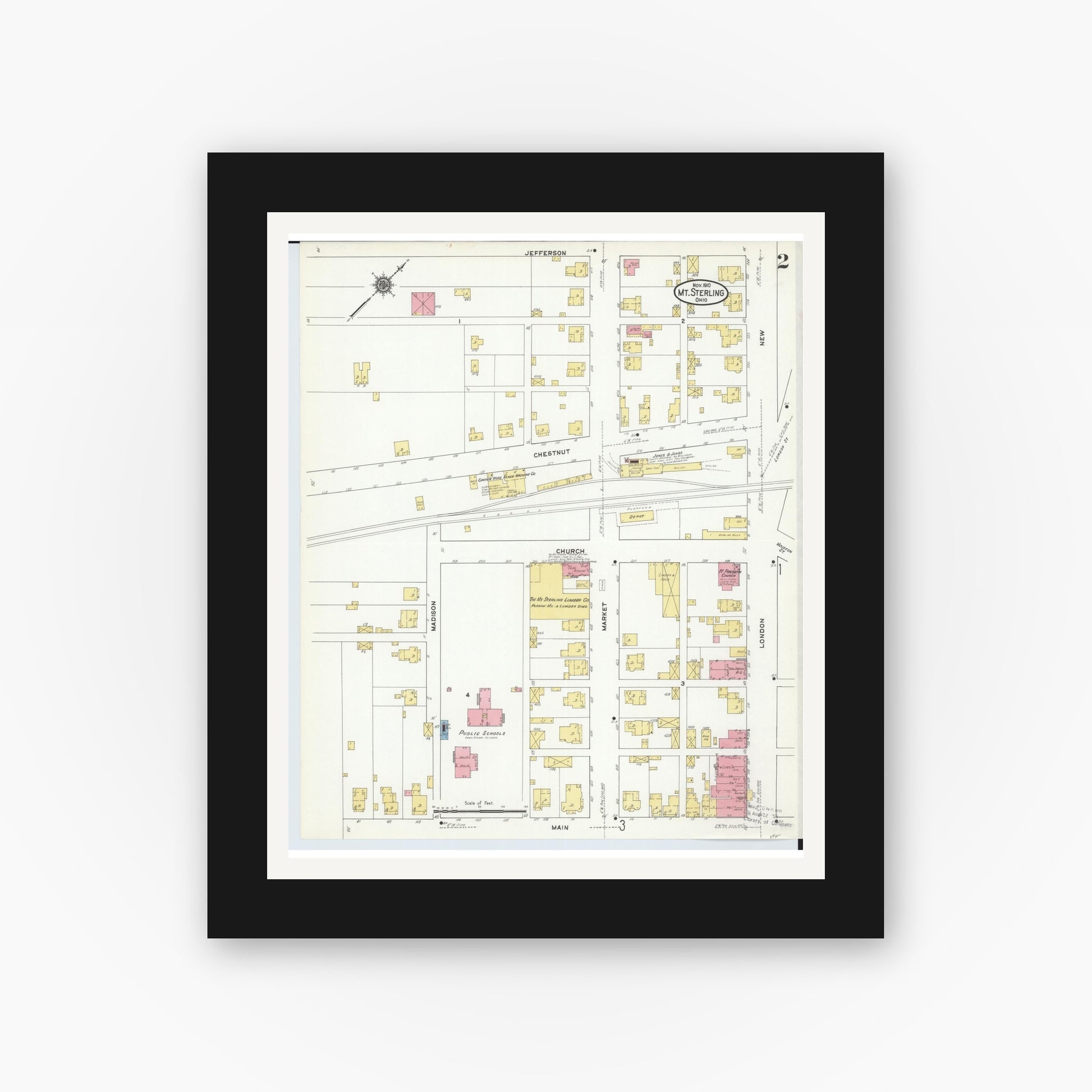Old map wall art mockup — black gallery frame with white mat — Sanborn Fire Insurance Map from Mount Sterling, Madison County, Ohio (1910), Sheet #0002