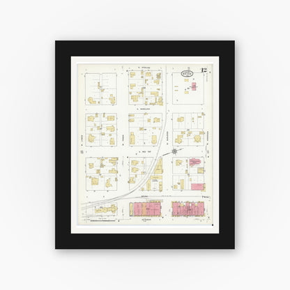 Old map wall art mockup — black gallery frame with white mat — Sanborn Fire Insurance Map from Bryan, Brazos County, Texas (1912), Sheet #0012
