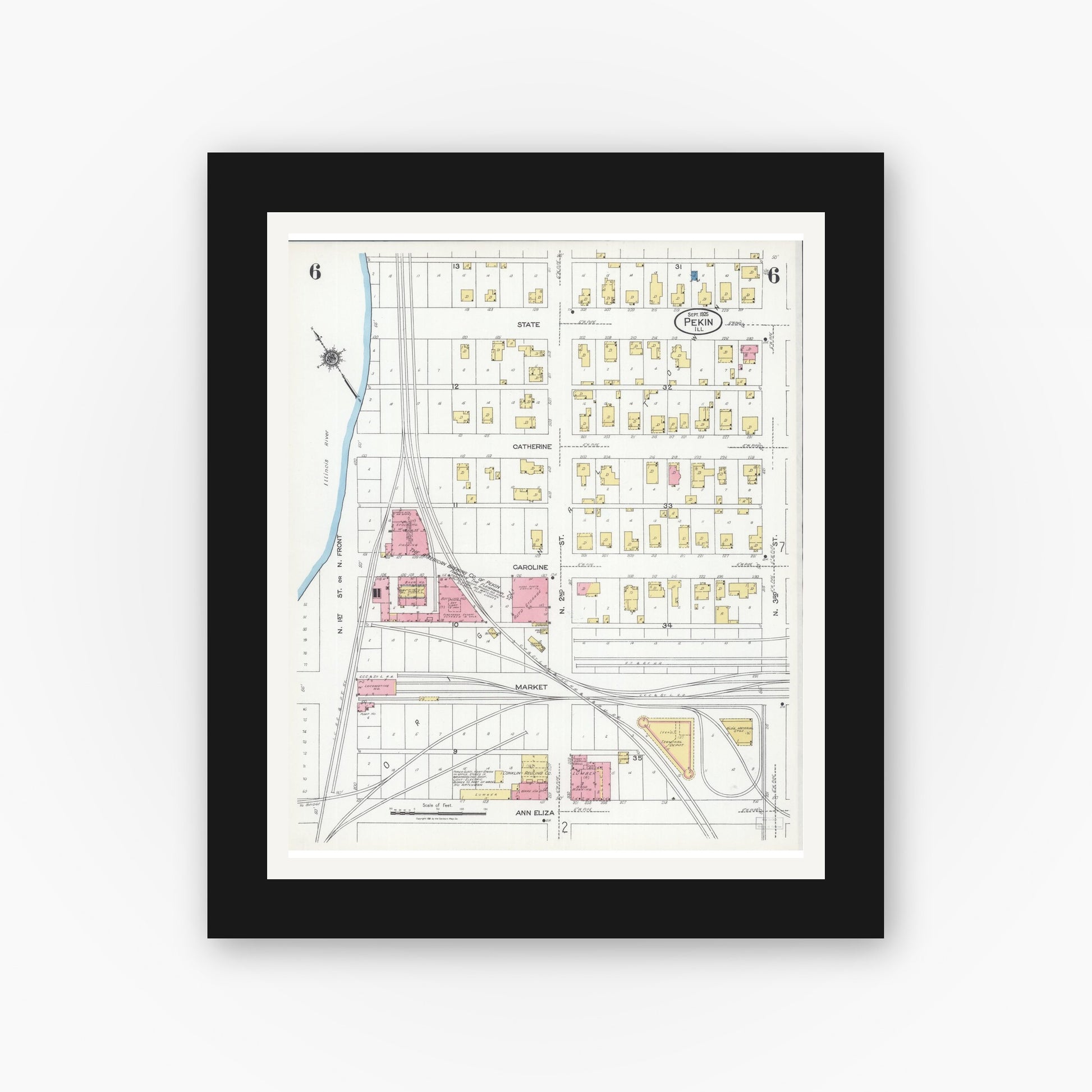 Old map wall art mockup — black gallery frame with white mat — Sanborn Fire Insurance Map from Pekin, Tazewell County, Illinois (1925), Sheet #0006