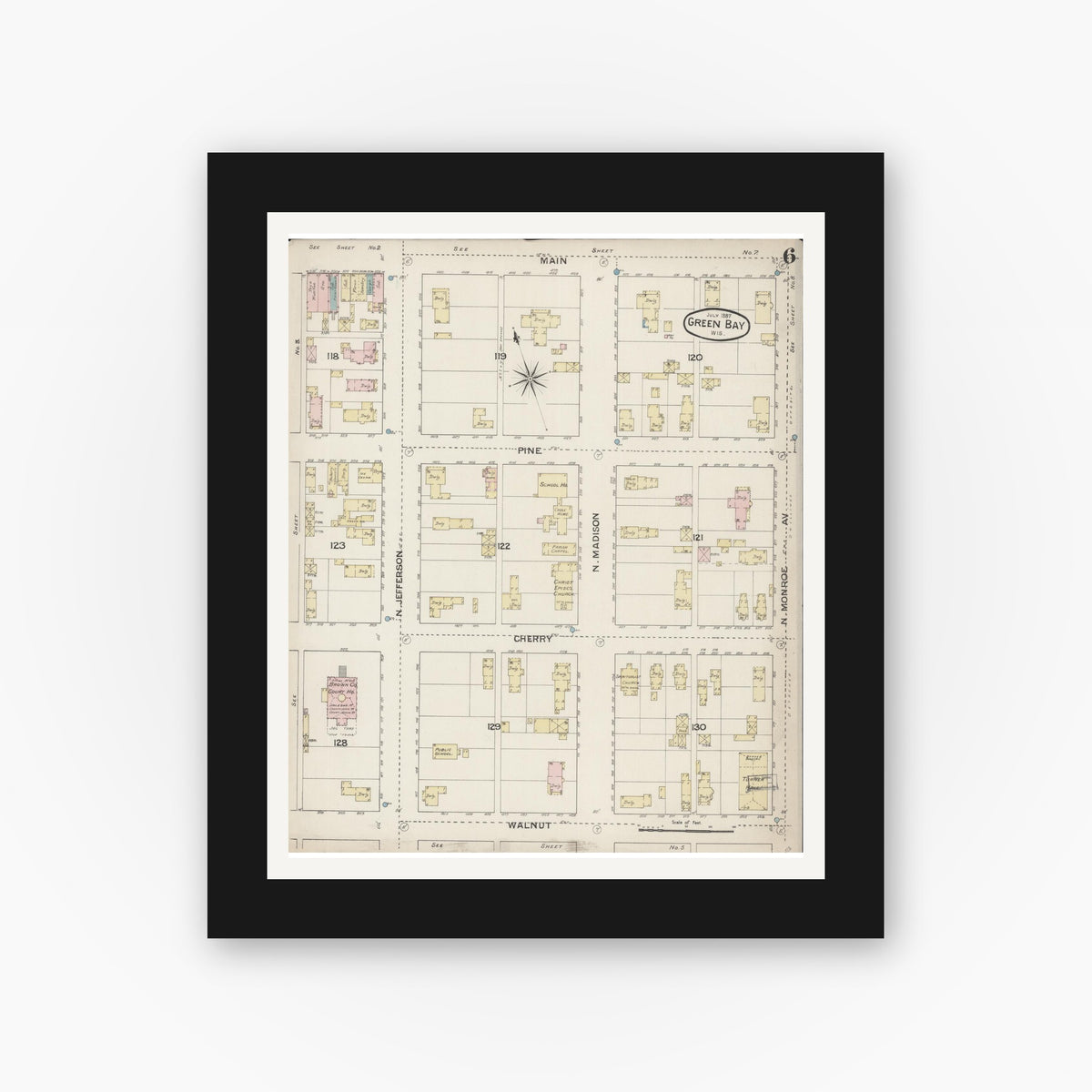 Old map wall art mockup — black gallery frame with white mat — Sanborn Fire Insurance Map from Green Bay, Brown County, Wisconsin (1887), Sheet #0006