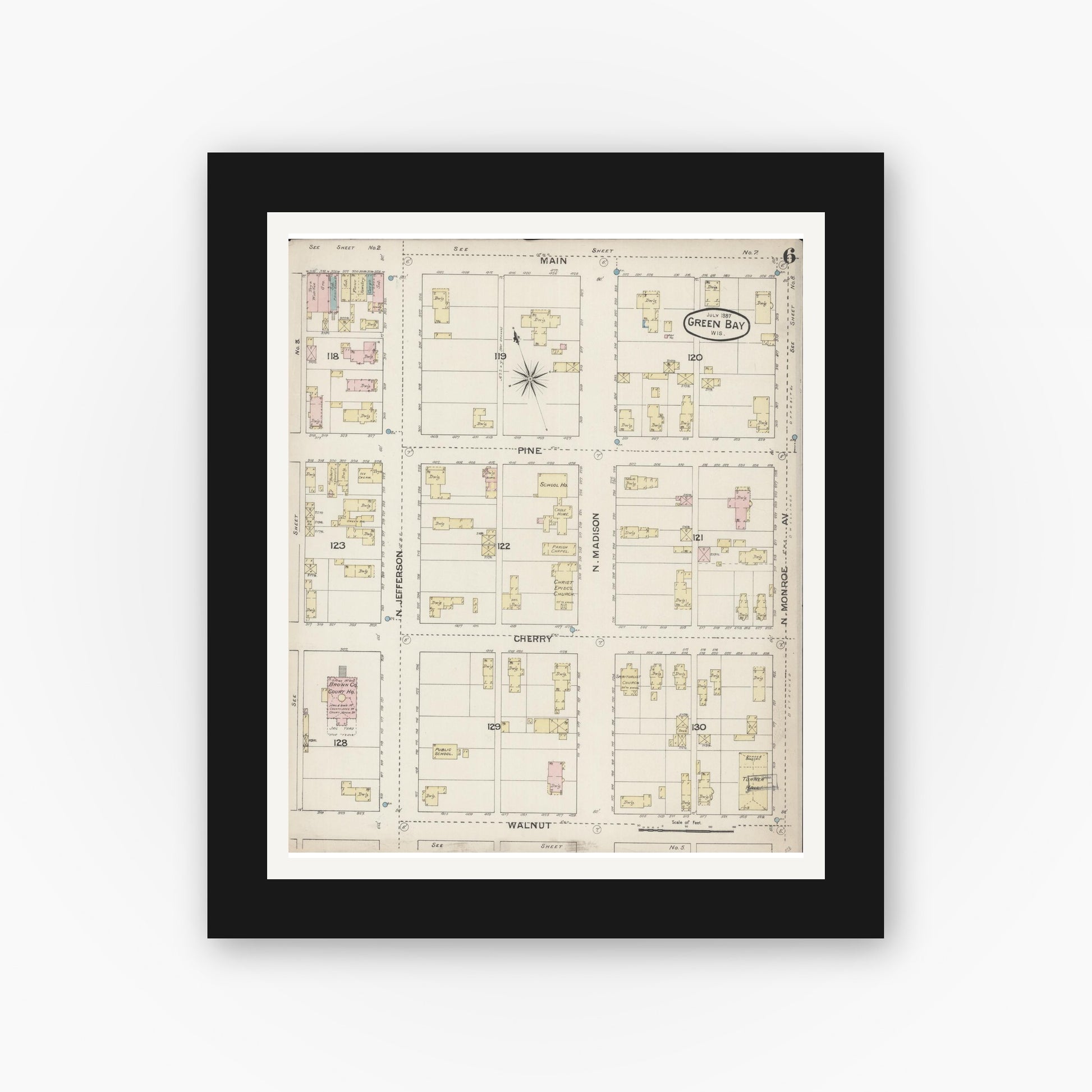 Old map wall art mockup — black gallery frame with white mat — Sanborn Fire Insurance Map from Green Bay, Brown County, Wisconsin (1887), Sheet #0006