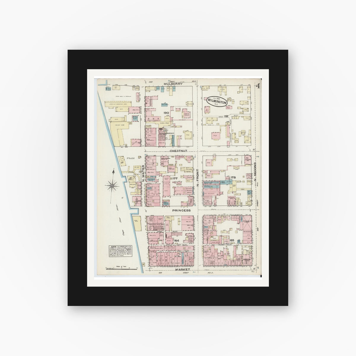 Old map wall art mockup — black gallery frame with white mat — Sanborn Fire Insurance Map from Wilmington, New Hanover County, North Carolina (1884), Sheet #0004