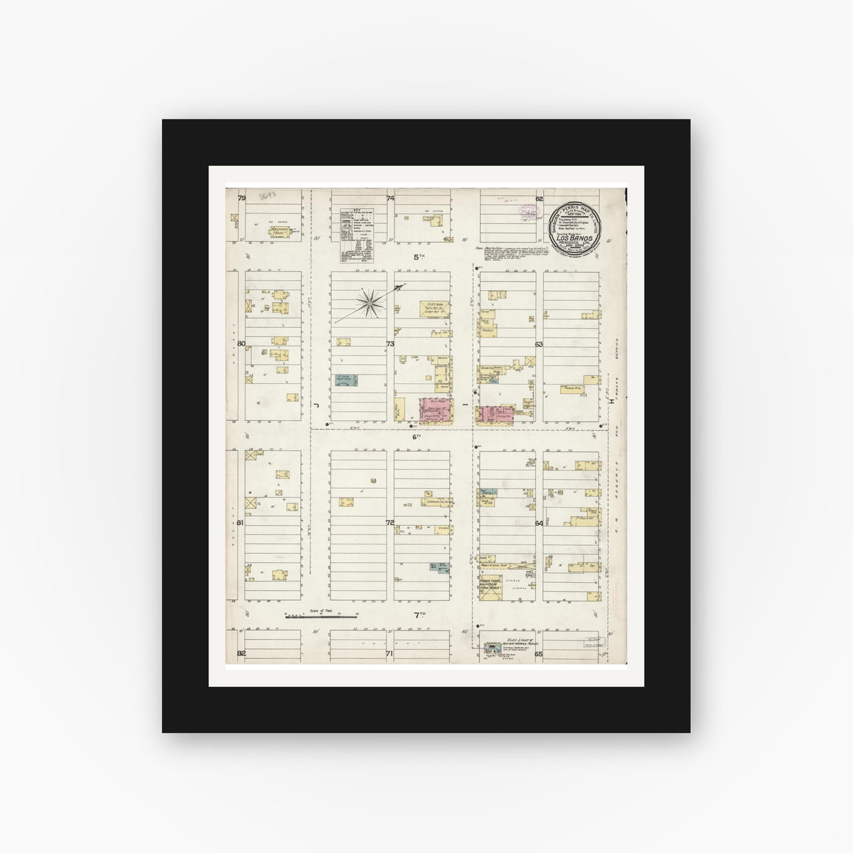 Old map wall art mockup — black gallery frame with white mat — Sanborn Fire Insurance Map from Los Banos, Merced County, California (1894), Sheet #0001