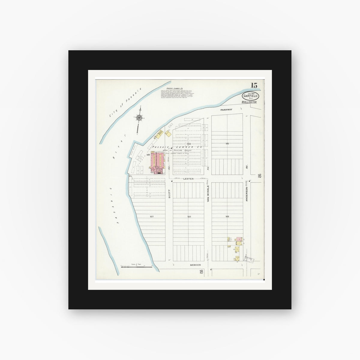 Old map wall art mockup — black gallery frame with white mat — Sanborn Fire Insurance Map from Garfield, Bergen County, New Jersey (1910), Sheet #0015