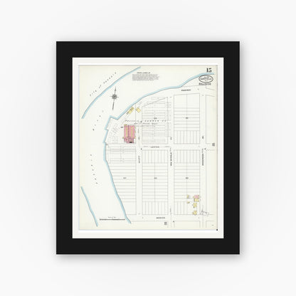 Old map wall art mockup — black gallery frame with white mat — Sanborn Fire Insurance Map from Garfield, Bergen County, New Jersey (1910), Sheet #0015
