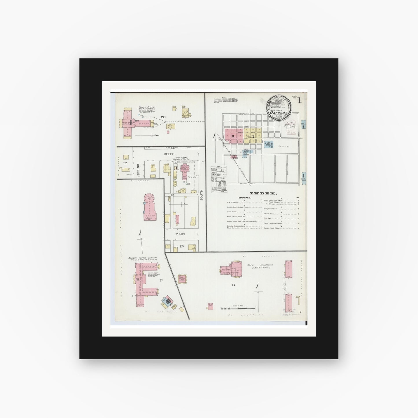 Old map wall art mockup — black gallery frame with white mat — Sanborn Fire Insurance Map from Oxford, Butler County, Ohio (1892), Sheet #0001
