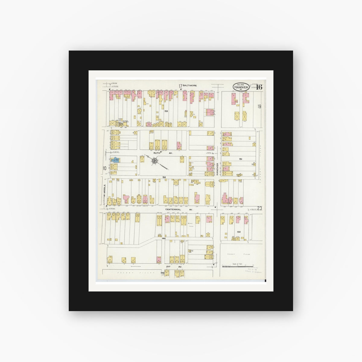 Old map wall art mockup — black gallery frame with white mat — Sanborn Fire Insurance Map from Hanover, York County, Pennsylvania (1909), Sheet #0016