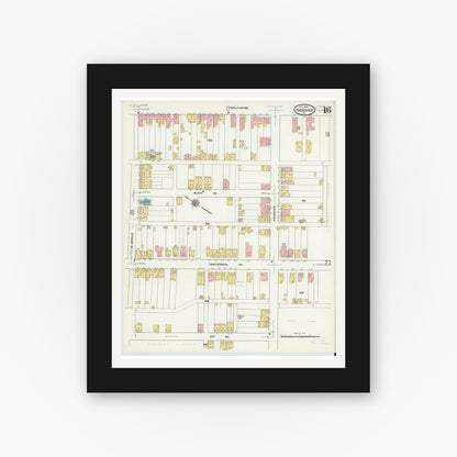 Old map wall art mockup — black gallery frame with white mat — Sanborn Fire Insurance Map from Hanover, York County, Pennsylvania (1909), Sheet #0016