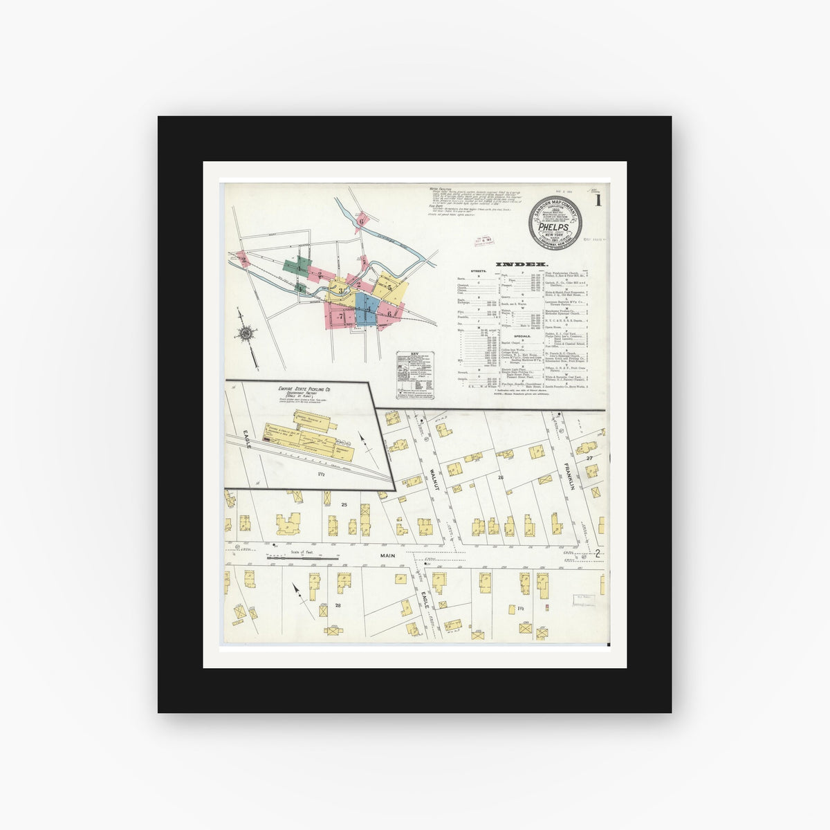 Old map wall art mockup — black gallery frame with white mat — Sanborn Fire Insurance Map from Phelps, Ontario County, New York (1911) - Complete Map Set