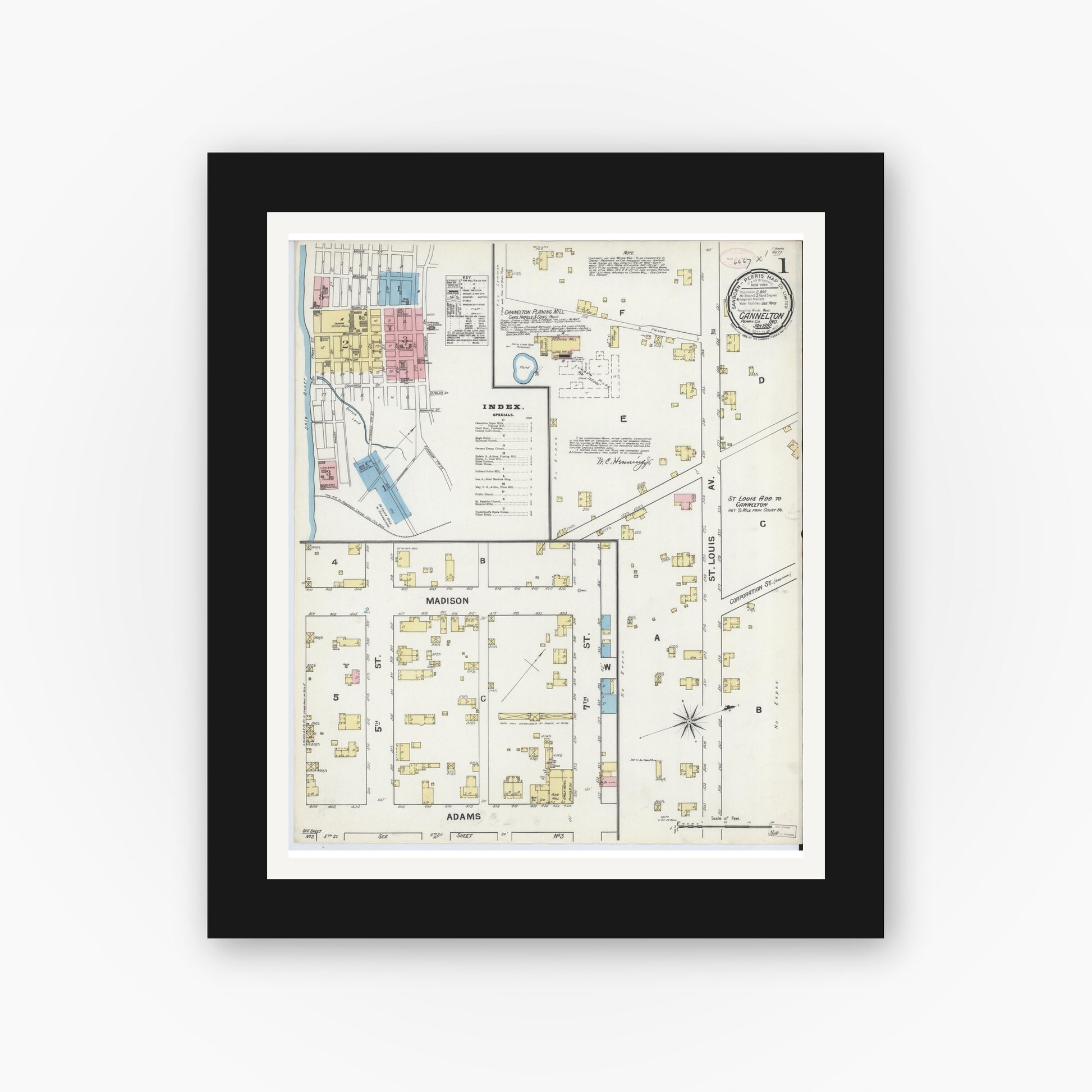 Old map wall art mockup — black gallery frame with white mat — Sanborn Fire Insurance Map from Cannelton, Perry County, Indiana (1892) - Complete Map Set