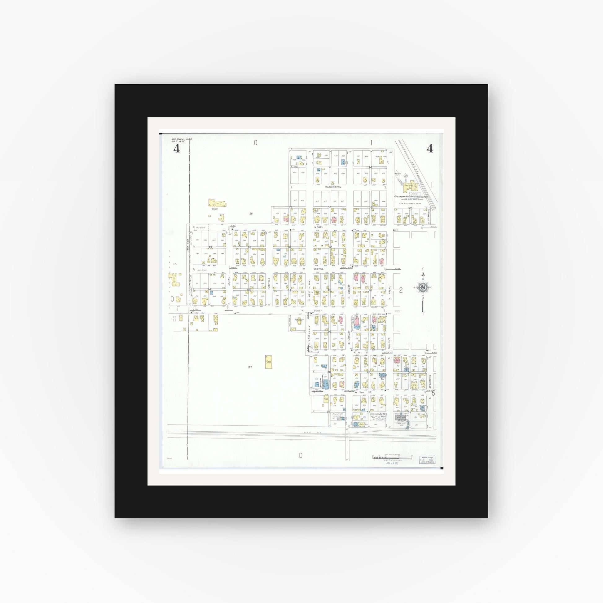 Old map wall art mockup — black gallery frame with white mat — Sanborn Fire Insurance Map from Arcanum, Darke County, Ohio (1951), Sheet #0004
