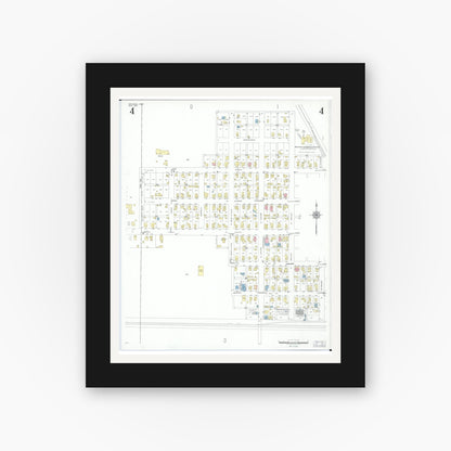 Old map wall art mockup — black gallery frame with white mat — Sanborn Fire Insurance Map from Arcanum, Darke County, Ohio (1951), Sheet #0004