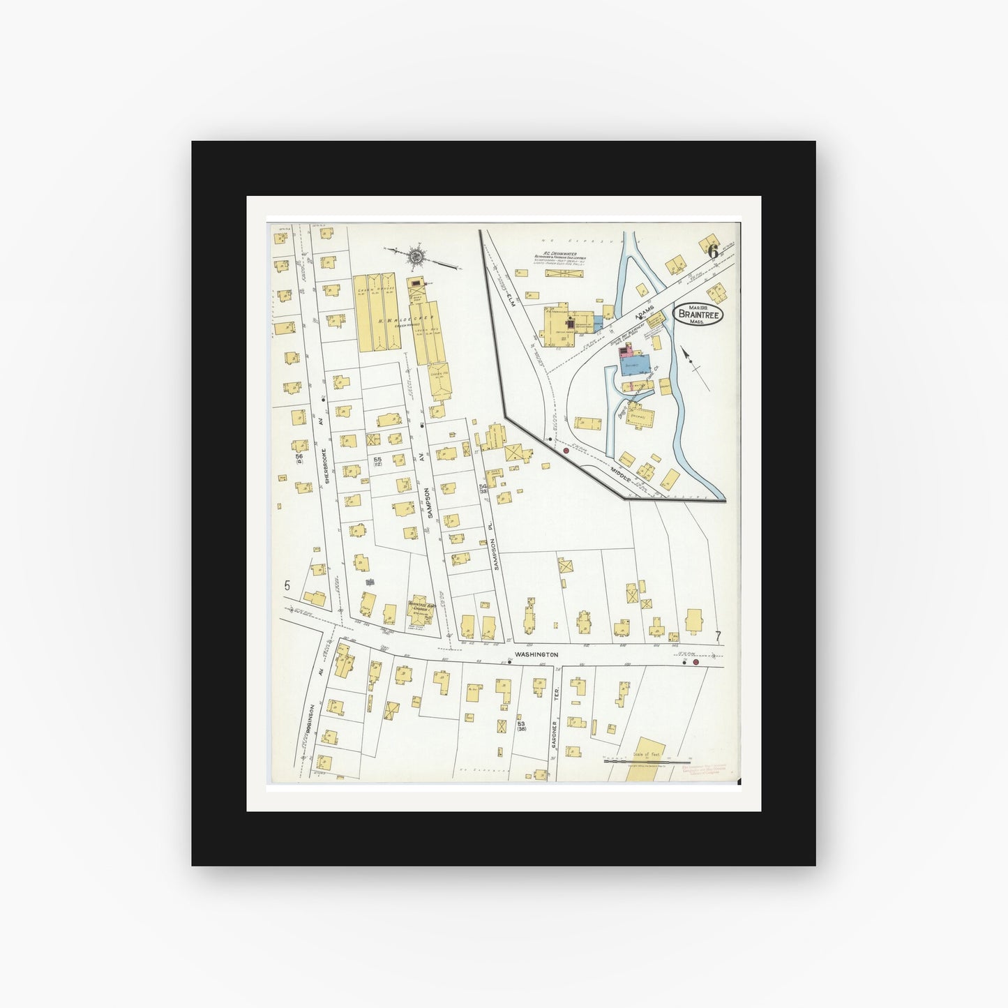 Old map wall art mockup — black gallery frame with white mat — Sanborn Fire Insurance Map from Braintree, Norfolk County, Massachusetts (1919), Sheet #0006