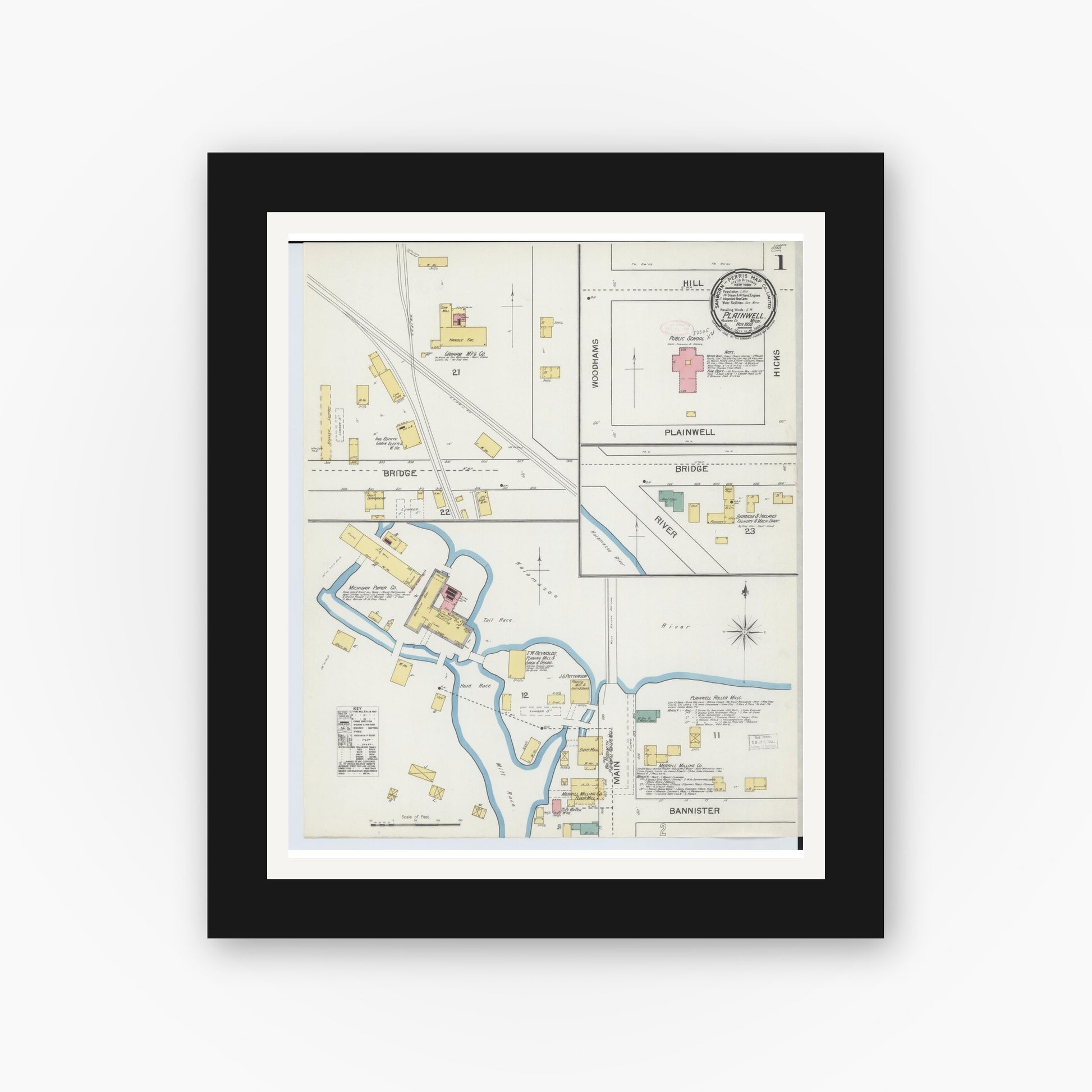 Old map wall art mockup — black gallery frame with white mat — Sanborn Fire Insurance Map from Plainwell, Allegan County, Michigan (1892) - Complete Map Set