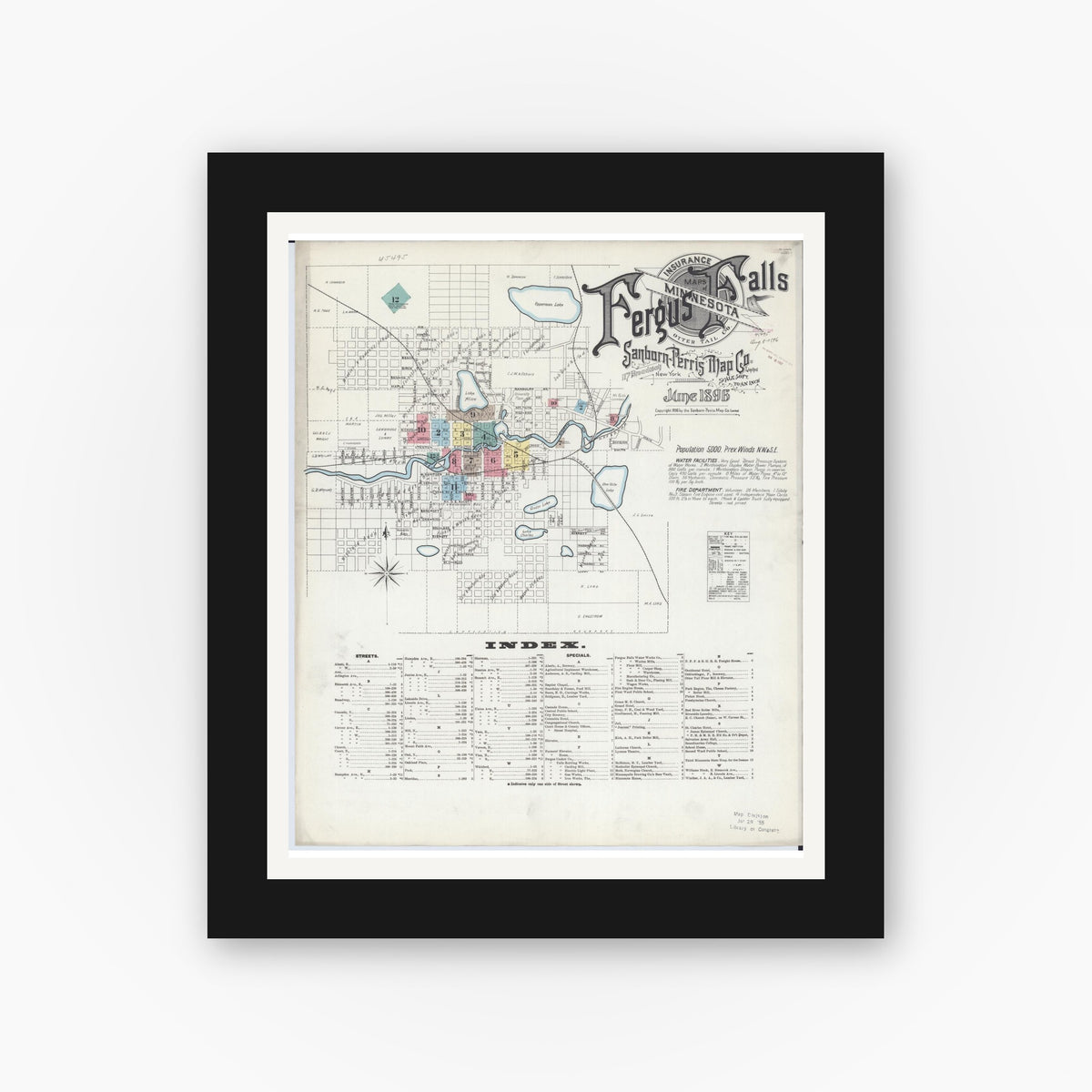 Old map wall art mockup — black gallery frame with white mat — Sanborn Fire Insurance Map from Fergus Falls, Otter Tail County, Minnesota (1896) - Complete Map Set