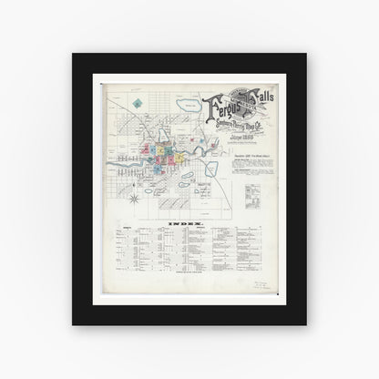 Old map wall art mockup — black gallery frame with white mat — Sanborn Fire Insurance Map from Fergus Falls, Otter Tail County, Minnesota (1896) - Complete Map Set