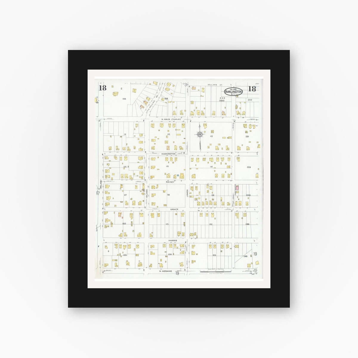 Old map wall art mockup — black gallery frame with white mat — Sanborn Fire Insurance Map from Burlington, Alamance County, North Carolina (1929), Sheet #0018
