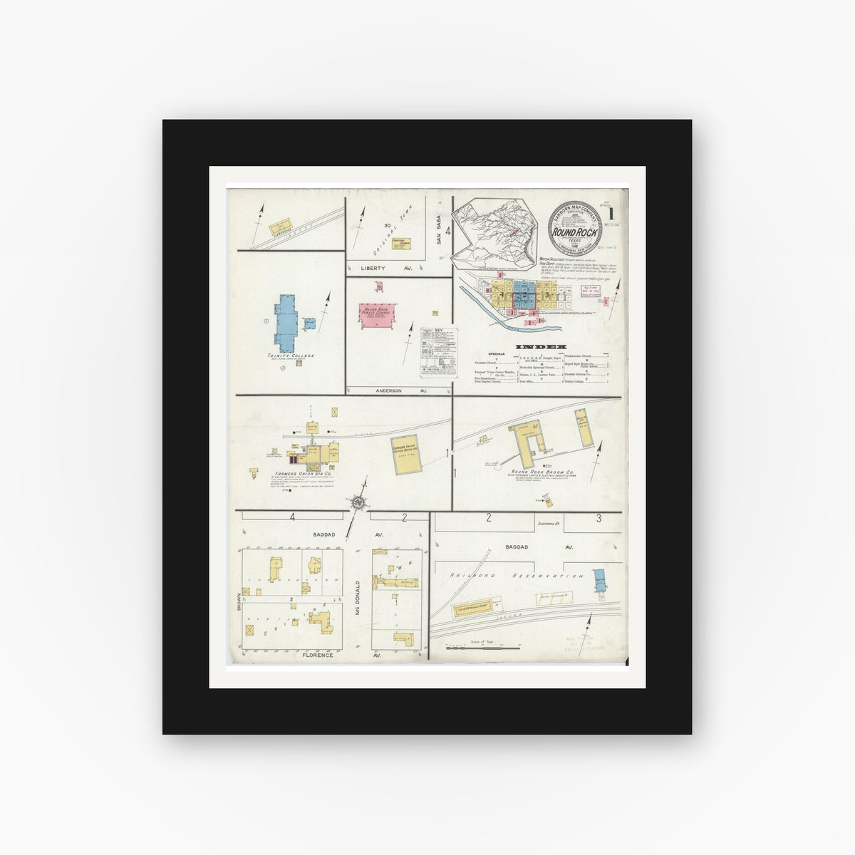 Old map wall art mockup — black gallery frame with white mat — Sanborn Fire Insurance Map from Round Rock, Williamson County, Texas (1916) - Complete Map Set