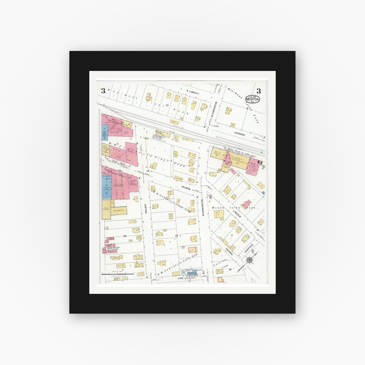 Old map wall art mockup — black gallery frame with white mat — Sanborn Fire Insurance Map from Morton, Tazewell County, Illinois (1926), Sheet #0003
