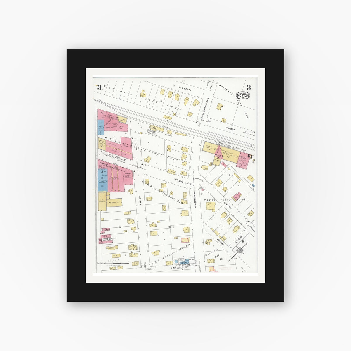 Old map wall art mockup — black gallery frame with white mat — Sanborn Fire Insurance Map from Morton, Tazewell County, Illinois (1926), Sheet #0003