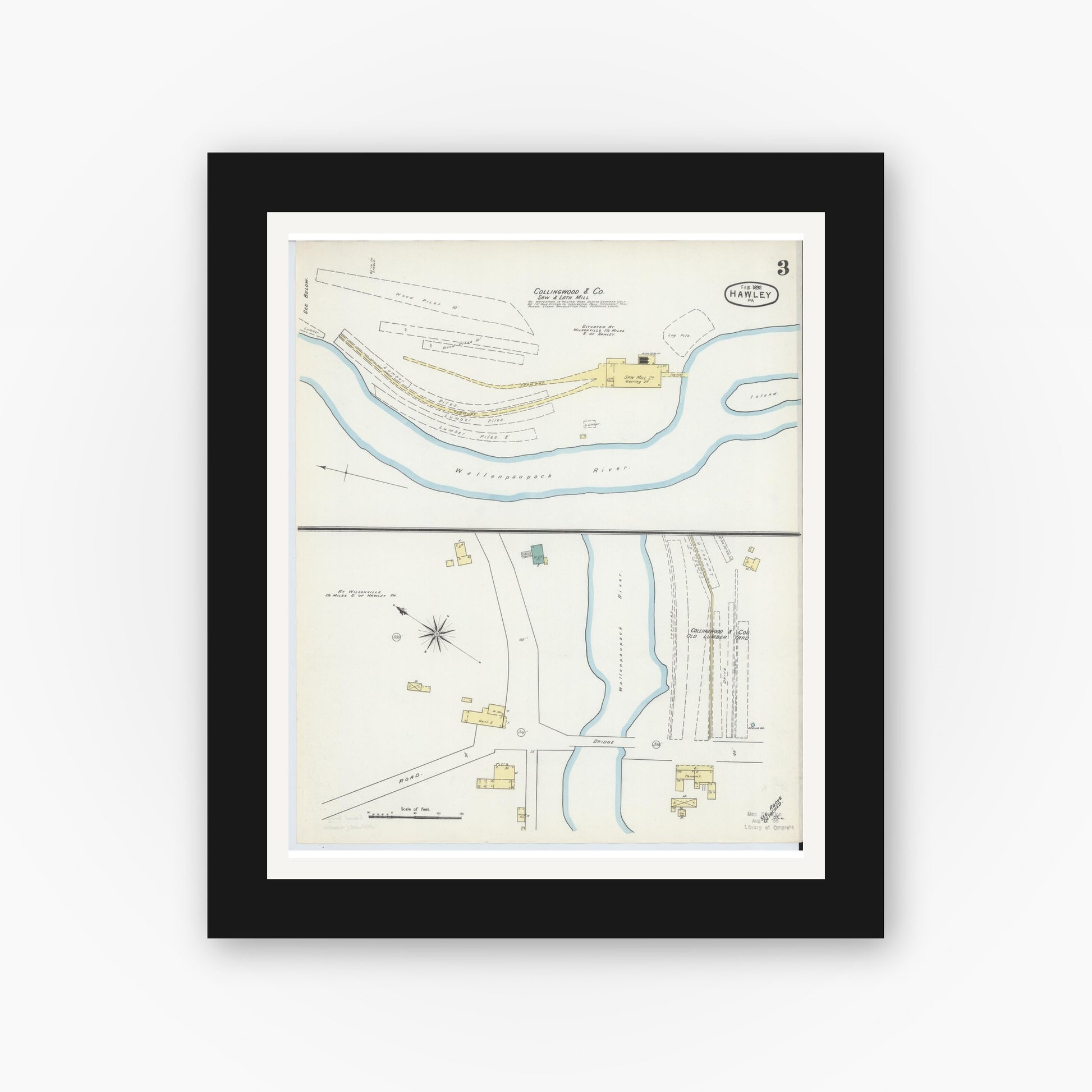 Old map wall art mockup — black gallery frame with white mat — Sanborn Fire Insurance Map from Hawley, Wayne County, Pennsylvania (1892), Sheet #0003