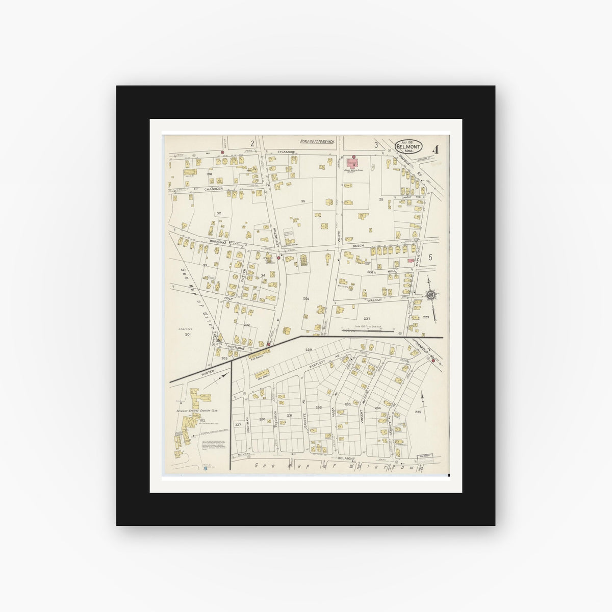 Old map wall art mockup — black gallery frame with white mat — Sanborn Fire Insurance Map from Belmont, Middlesex County, Massachusetts (1915), Sheet #0004