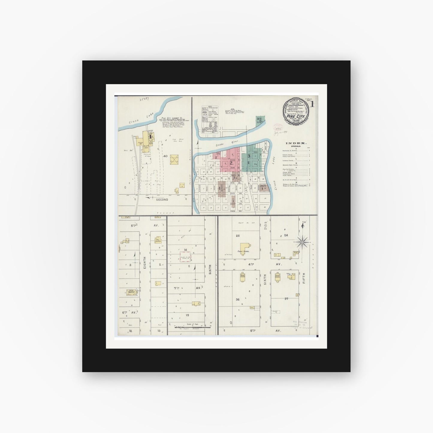 Old map wall art mockup — black gallery frame with white mat — Sanborn Fire Insurance Map from Pine City, Pine County, Minnesota (1894) - Complete Map Set