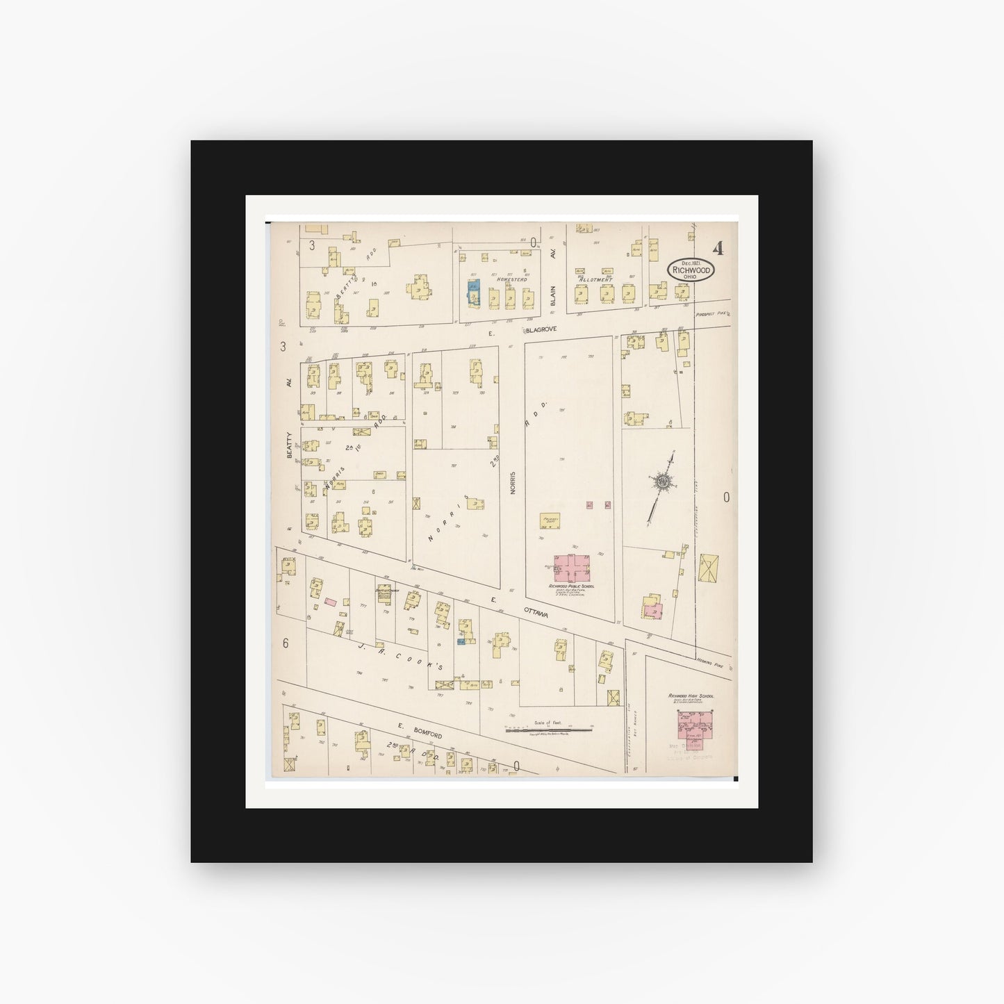 Old map wall art mockup — black gallery frame with white mat — Sanborn Fire Insurance Map from Richwood, Union County, Ohio (1921), Sheet #0004