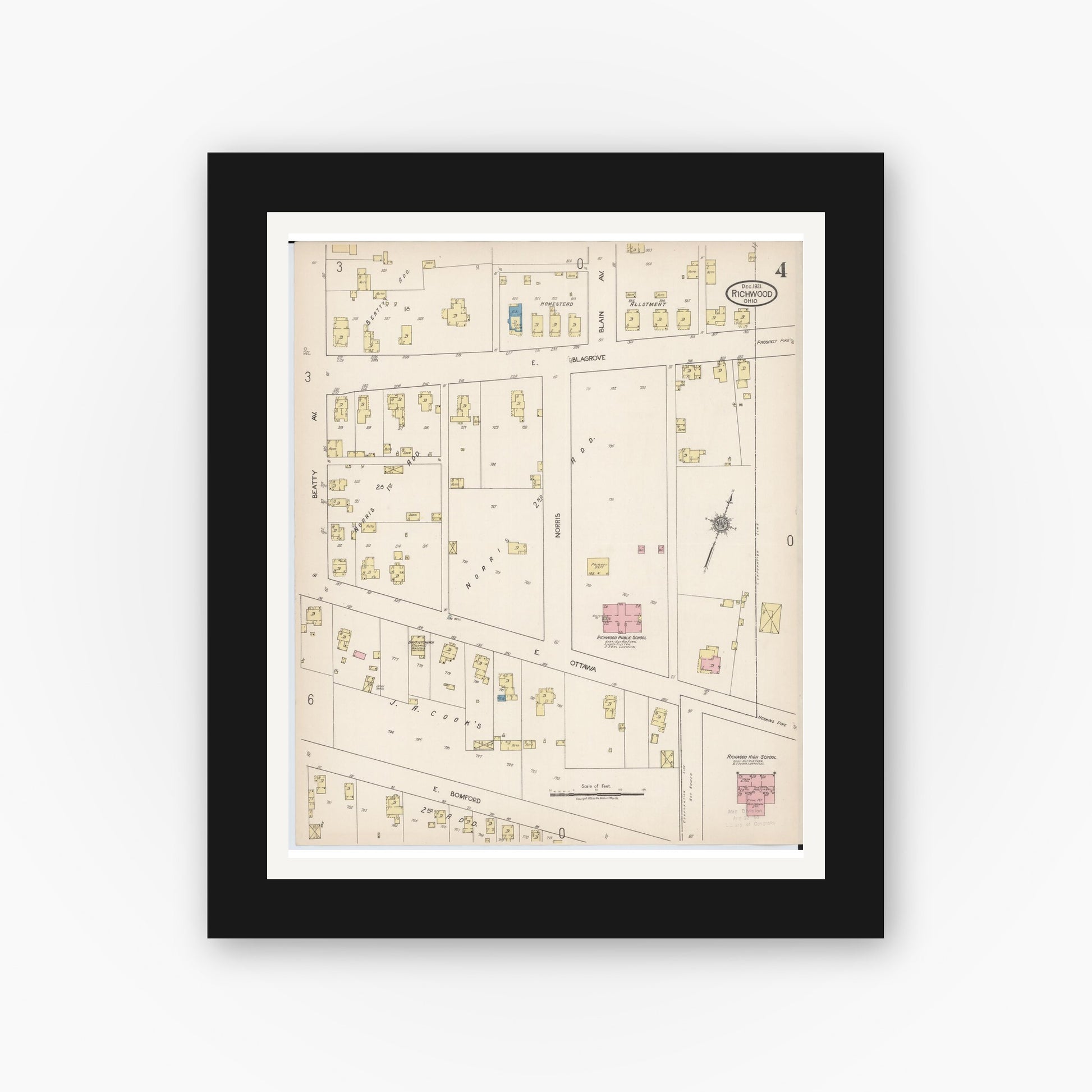 Old map wall art mockup — black gallery frame with white mat — Sanborn Fire Insurance Map from Richwood, Union County, Ohio (1921), Sheet #0004
