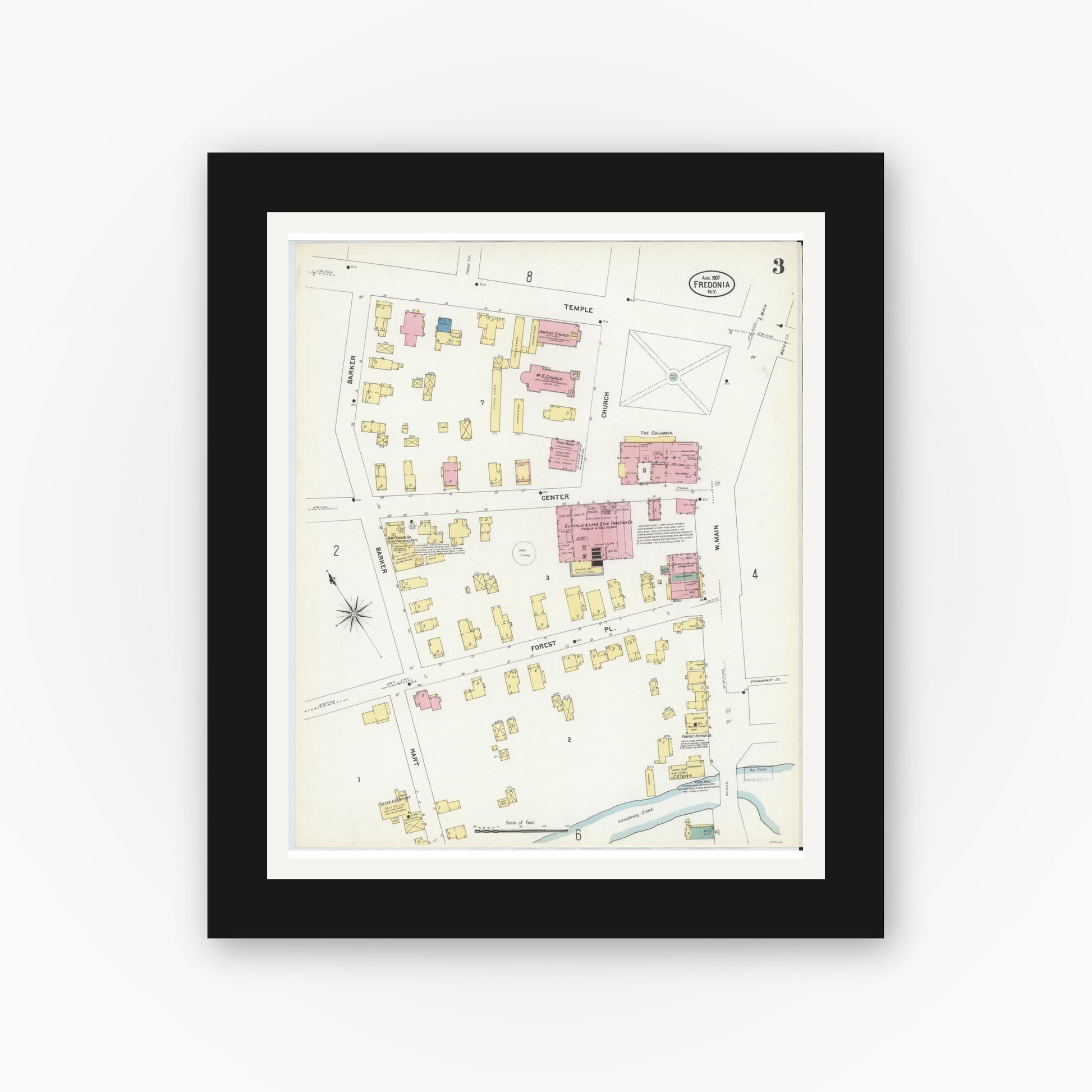 Old map wall art mockup — black gallery frame with white mat — Sanborn Fire Insurance Map from Fredonia, Chautauqua County, New York (1907), Sheet #0003
