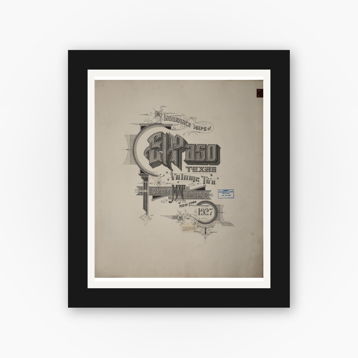 Old map wall art mockup — black gallery frame with white mat — Sanborn Fire Insurance Map from El Paso, El Paso County, Texas (1950), Sheet #0001