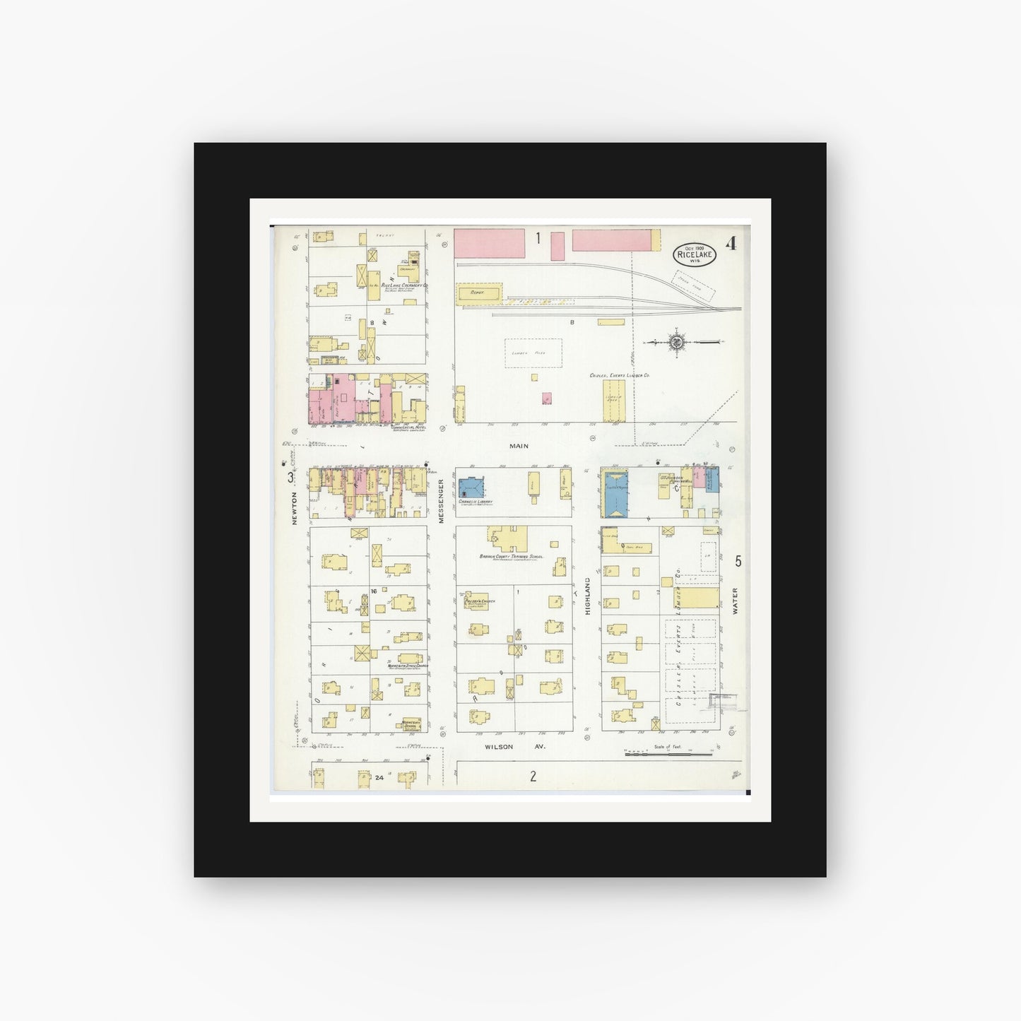 Old map wall art mockup — black gallery frame with white mat — Sanborn Fire Insurance Map from Rice Lake, Barron County, Wisconsin (1909), Sheet #0004