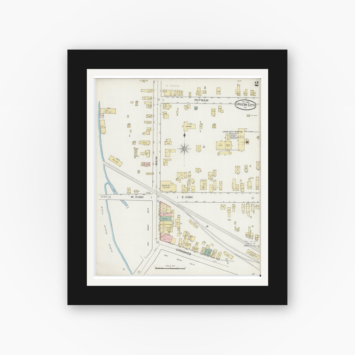 Old map wall art mockup — black gallery frame with white mat — Sanborn Fire Insurance Map from Union City, Erie County, Pennsylvania (1887), Sheet #0002