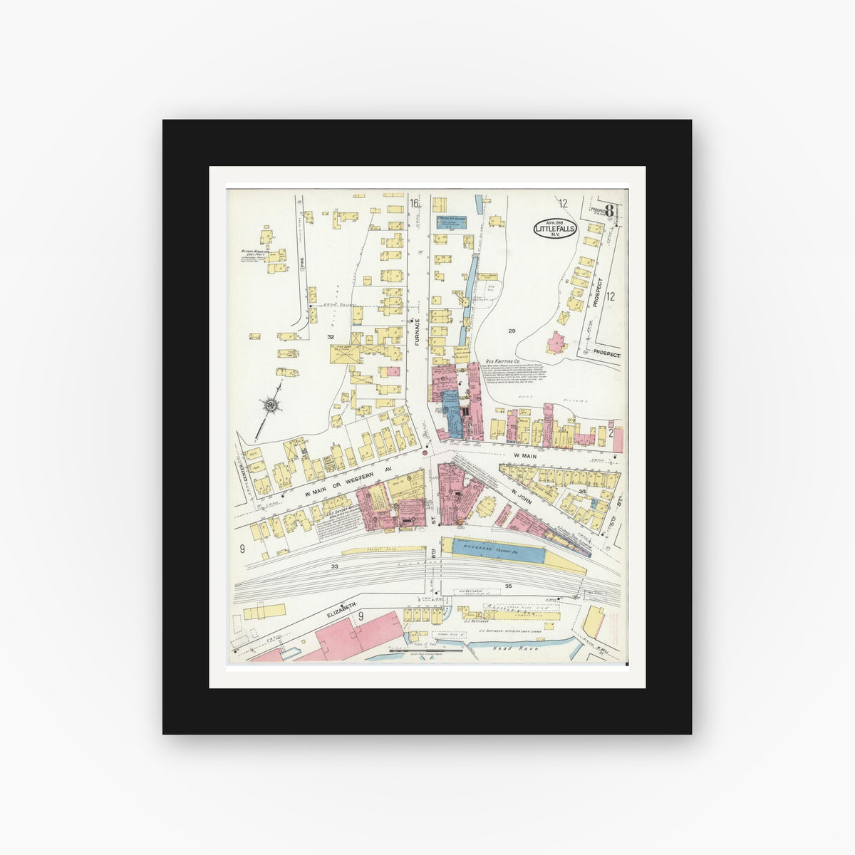Old map wall art mockup — black gallery frame with white mat — Sanborn Fire Insurance Map from Little Falls, Herkimer County, New York (1918), Sheet #0008