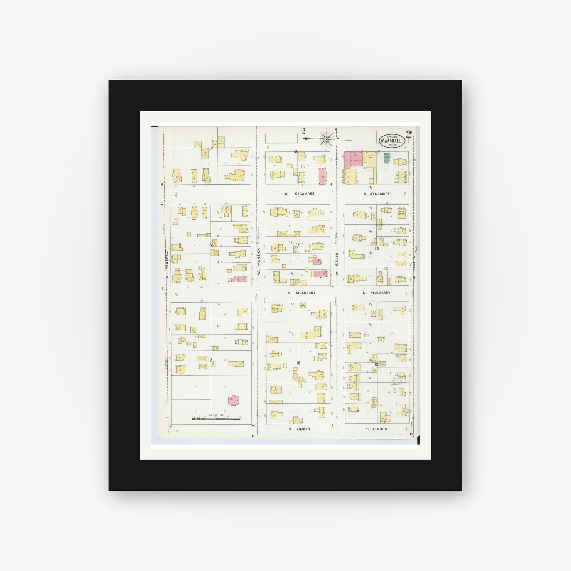 Old map wall art mockup — black gallery frame with white mat — Sanborn Fire Insurance Map from Marshall, Calhoun County, Michigan (1906), Sheet #0002