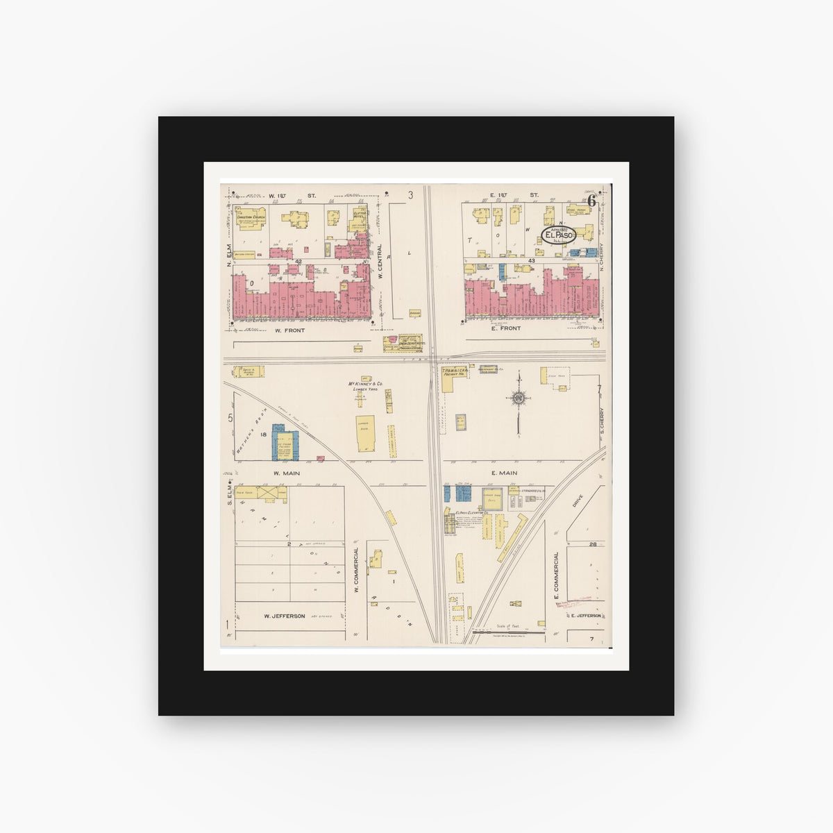 Old map wall art mockup — black gallery frame with white mat — Sanborn Fire Insurance Map from El Paso, Woodford County, Illinois (1922), Sheet #0006