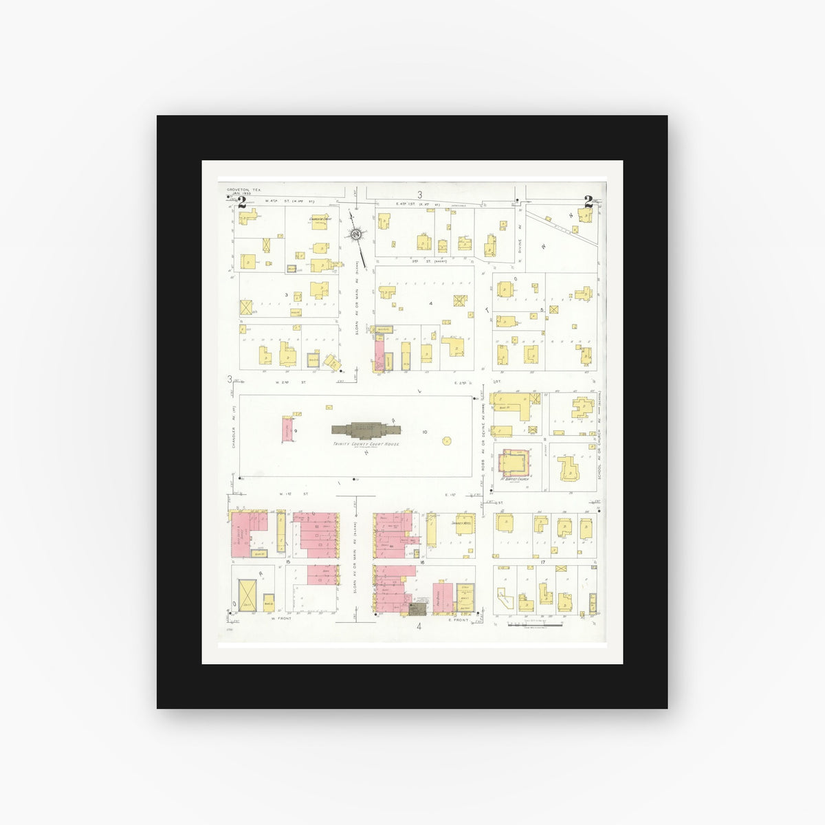 Old map wall art mockup — black gallery frame with white mat — Sanborn Fire Insurance Map from Groveton, Trinity County, Texas (1933), Sheet #0002