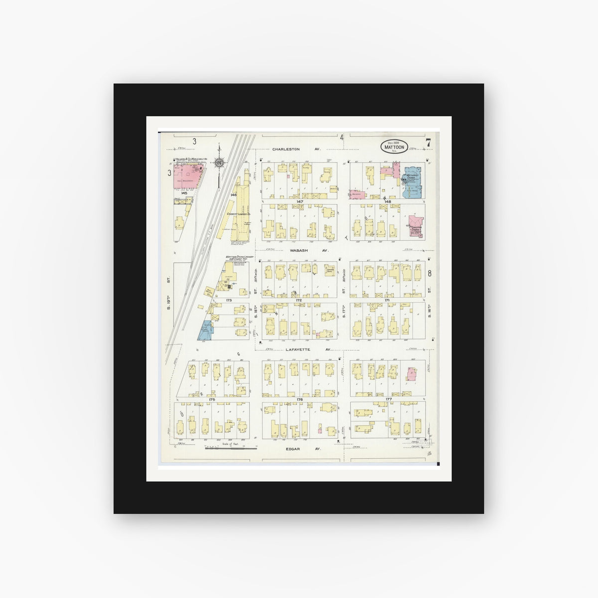 Old map wall art mockup — black gallery frame with white mat — Sanborn Fire Insurance Map from Mattoon, Coles County, Illinois (1909), Sheet #0007
