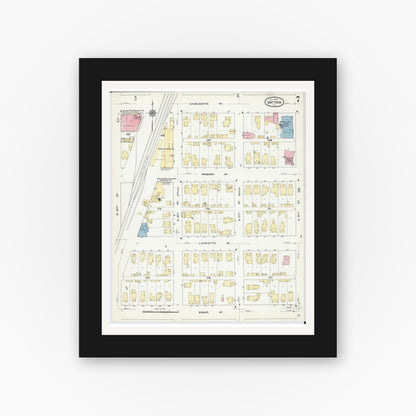 Old map wall art mockup — black gallery frame with white mat — Sanborn Fire Insurance Map from Mattoon, Coles County, Illinois (1909), Sheet #0007