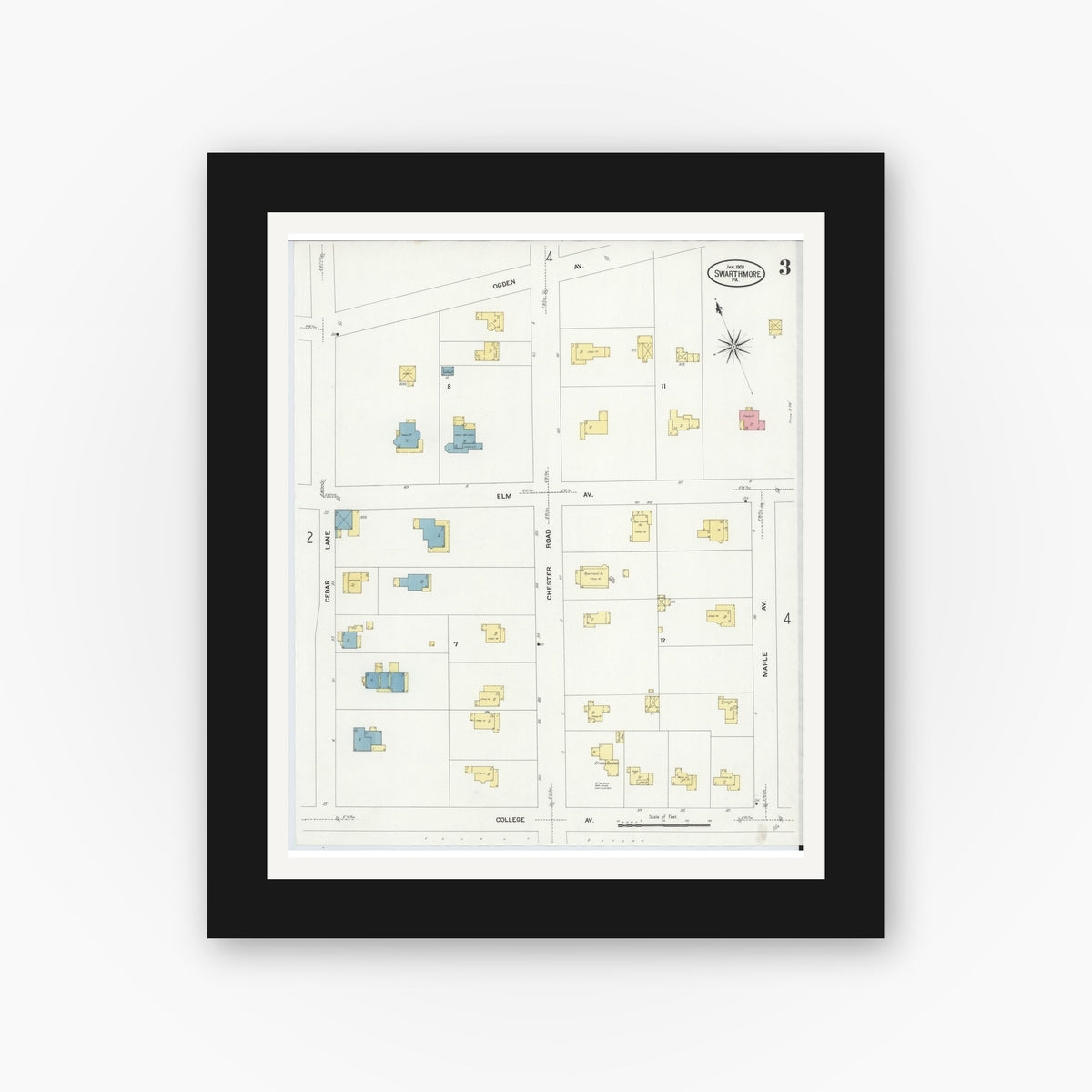 Old map wall art mockup — black gallery frame with white mat — Sanborn Fire Insurance Map from Swarthmore, Delaware County, Pennsylvania (1909), Sheet #0003
