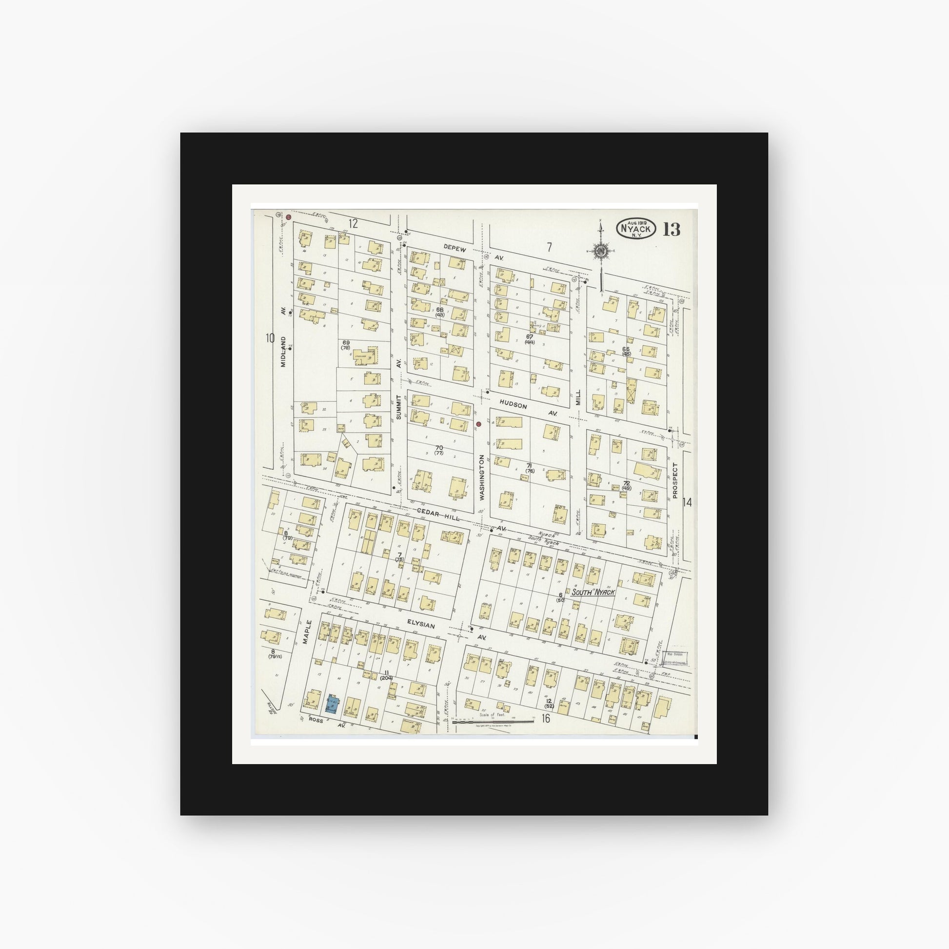 Old map wall art mockup — black gallery frame with white mat — Sanborn Fire Insurance Map from Nyack, Rockland County, New York. (1919), Sheet #0013