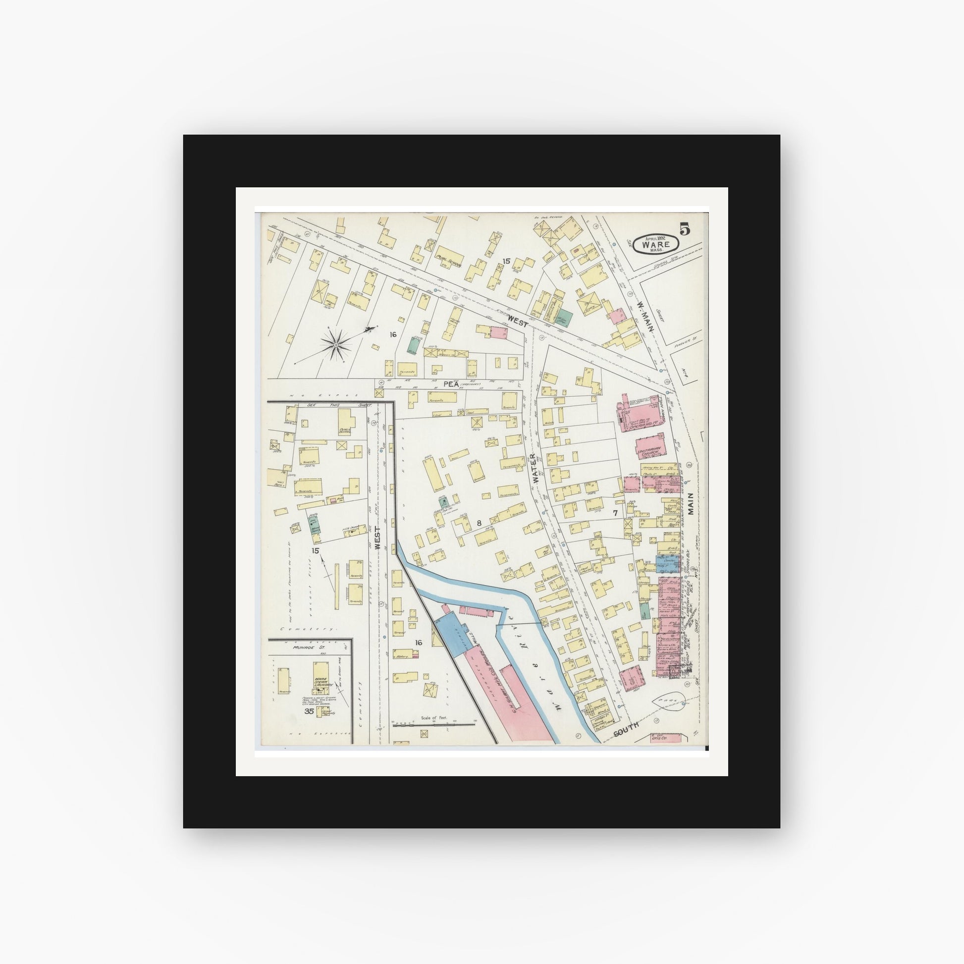 Old map wall art mockup — black gallery frame with white mat — Sanborn Fire Insurance Map from Ware, Hampshire County, Massachusetts (1892), Sheet #0005