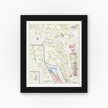 Old map wall art mockup — black gallery frame with white mat — Sanborn Fire Insurance Map from Ware, Hampshire County, Massachusetts (1892), Sheet #0005