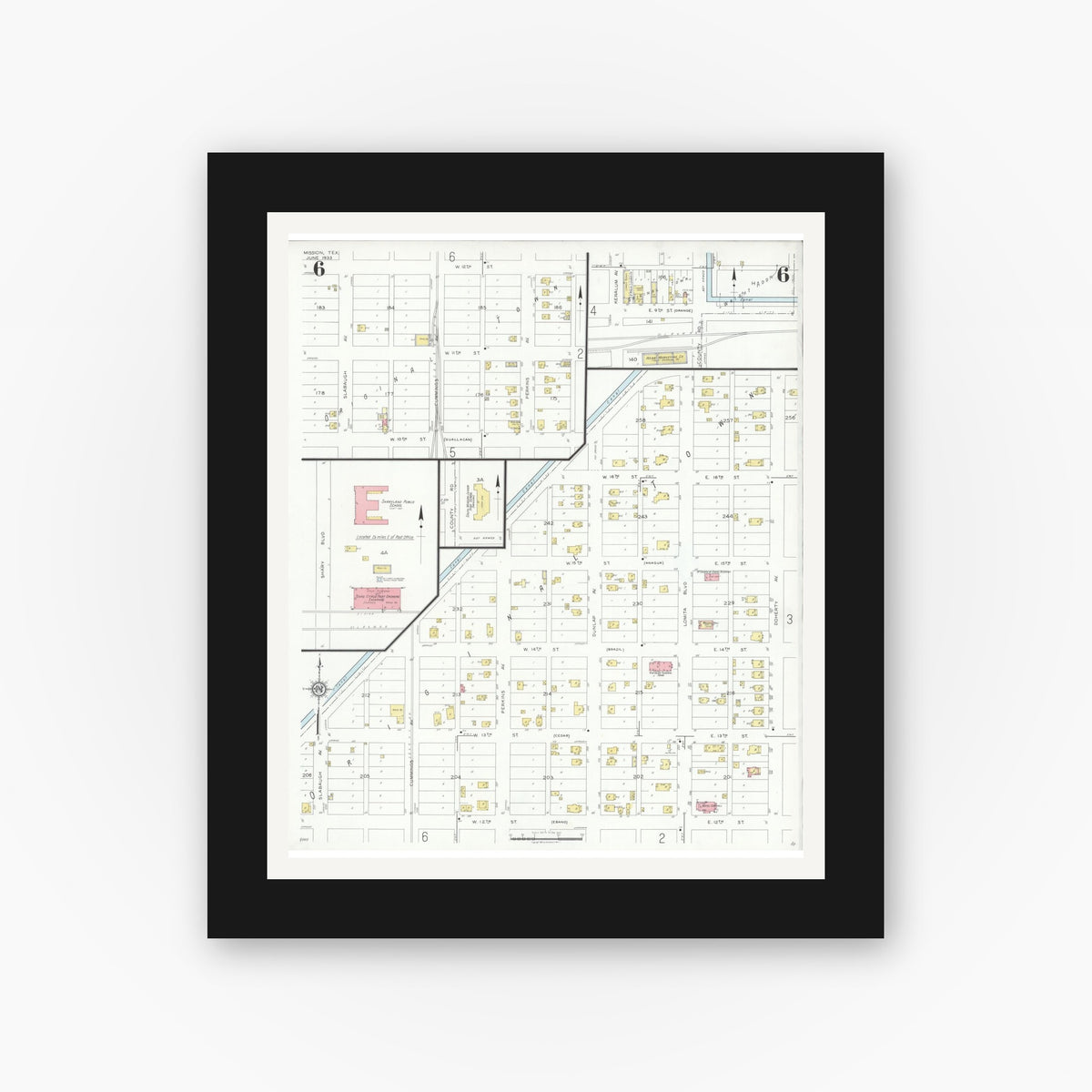 Old map wall art mockup — black gallery frame with white mat — Sanborn Fire Insurance Map from Mission, Hidalgo County, Texas (1933), Sheet #0006