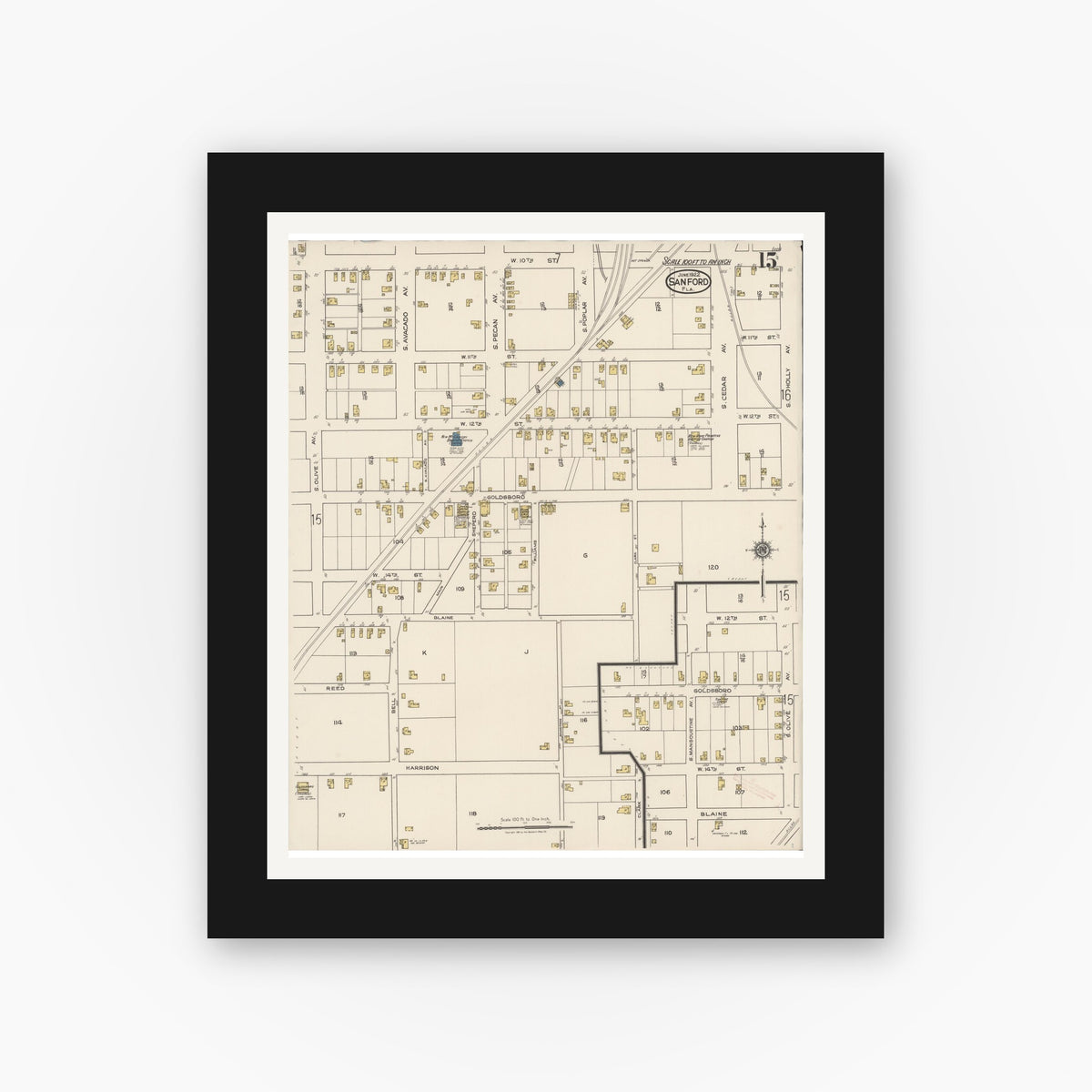Old map wall art mockup — black gallery frame with white mat — Sanborn Fire Insurance Map from Sanford, Seminole County, Florida (1922), Sheet #0015