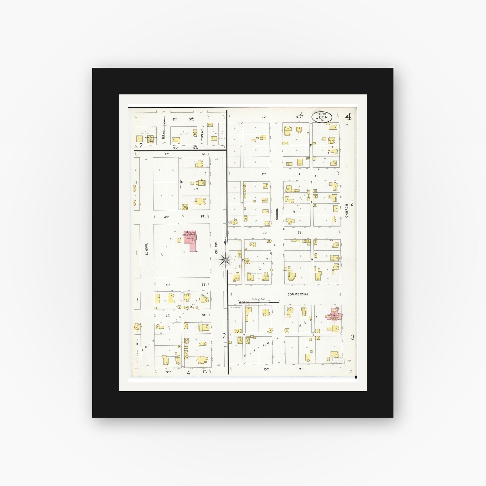 Old map wall art mockup — black gallery frame with white mat — Sanborn Fire Insurance Map from Leon, Decatur County, Iowa (1898), Sheet #0004