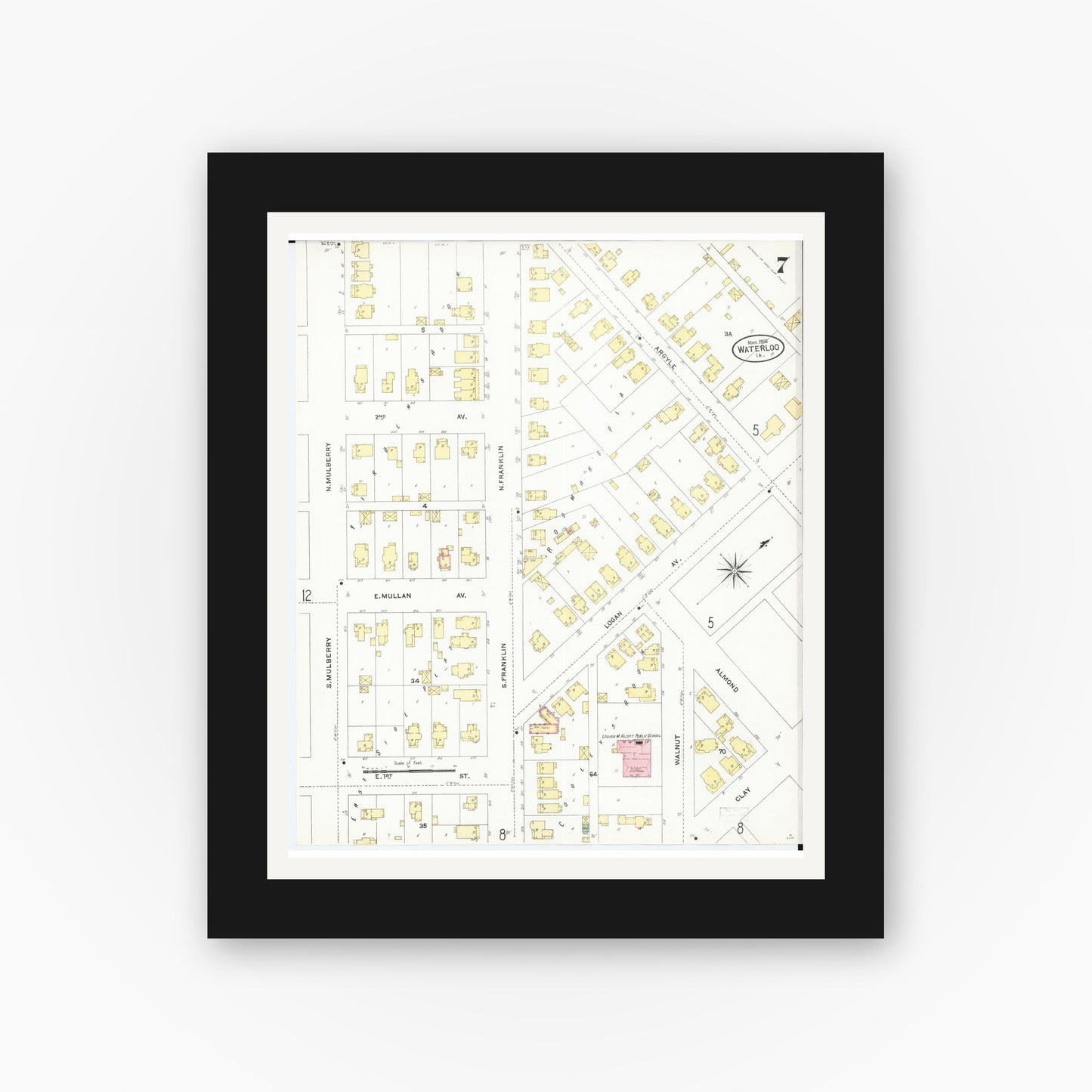 Old map wall art mockup — black gallery frame with white mat — Sanborn Fire Insurance Map from Waterloo, Black Hawk County, Iowa (1906), Sheet #0007